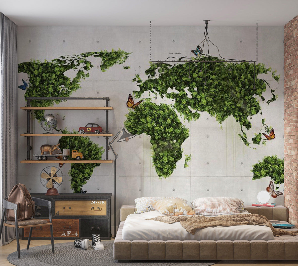 World Map Wallpaper Wall Mural - Map With Forest & Butterflies ...
