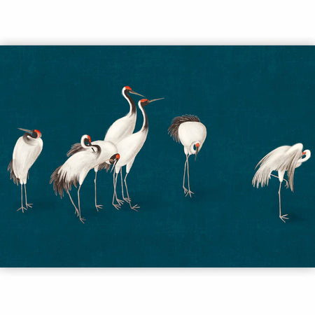 Premium Animal Wall Mural - Evening By The Pond - A Group Of Cranes Drawn In Dry Pastel On A Dark Turquoise Background