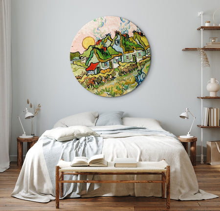 Round Canvas Print - Thatched Cottages in the Sunshine Reminiscence of the North (Vincent van Gogh)