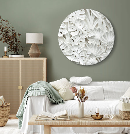 Round Canvas Print - Carved Nature - Pattern With White Leaves Made of Stone
