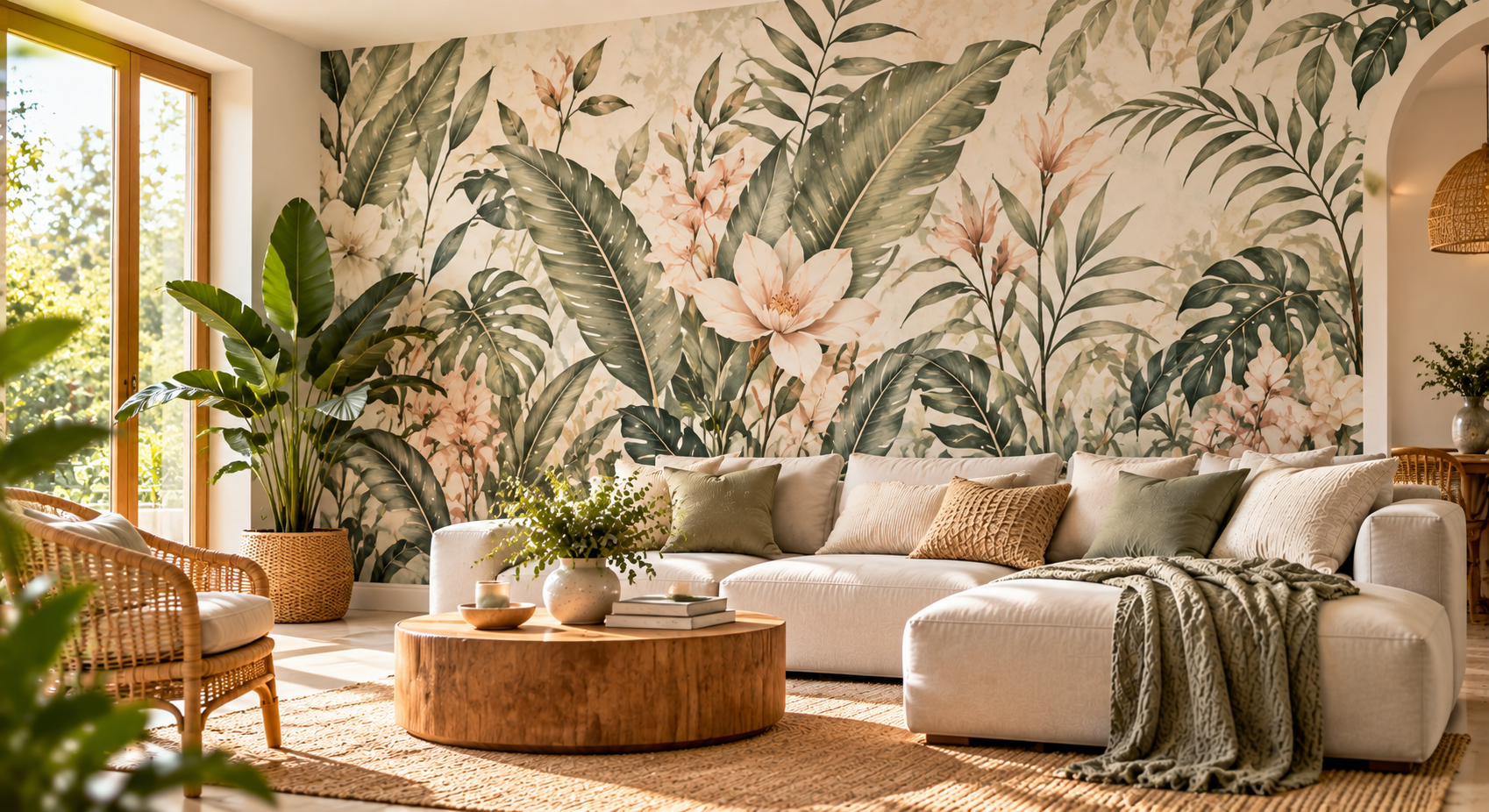Peel and stick wall mural in a modern living room