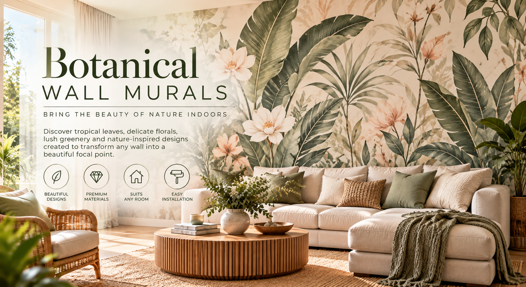 Botanical wall mural with tropical leaves and flowers in a modern living room