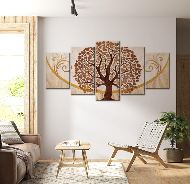 Abstract Canvas Wall Art - The Golden Tree Of Love - 5 Pieces
