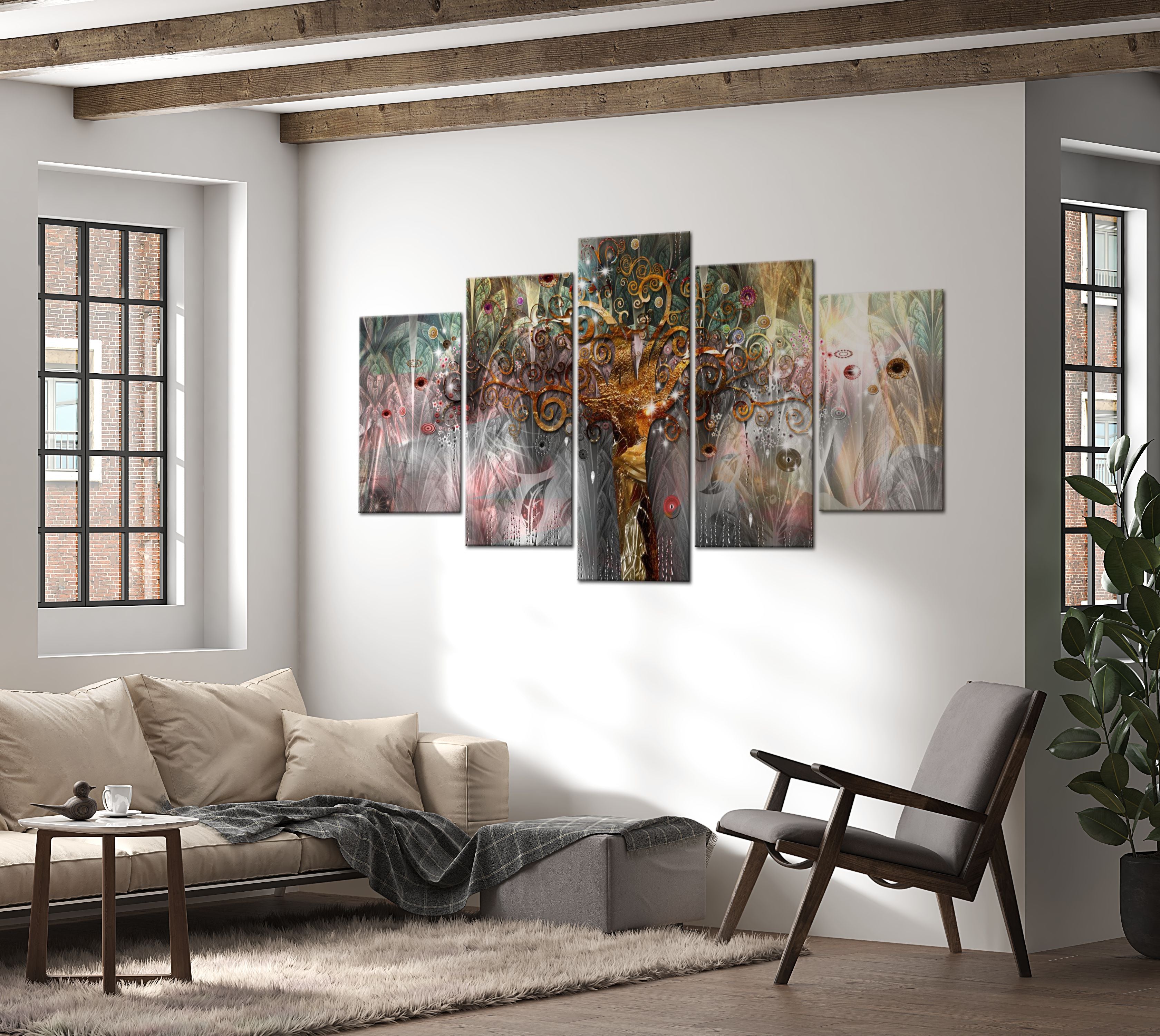 Abstract Canvas Wall Art - Golden Tree - 5 Pieces