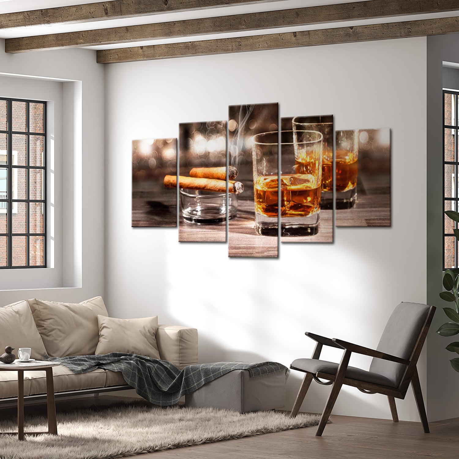 Glamour Canvas Wall Art - Cigar And Whiskey - 5 Pieces
