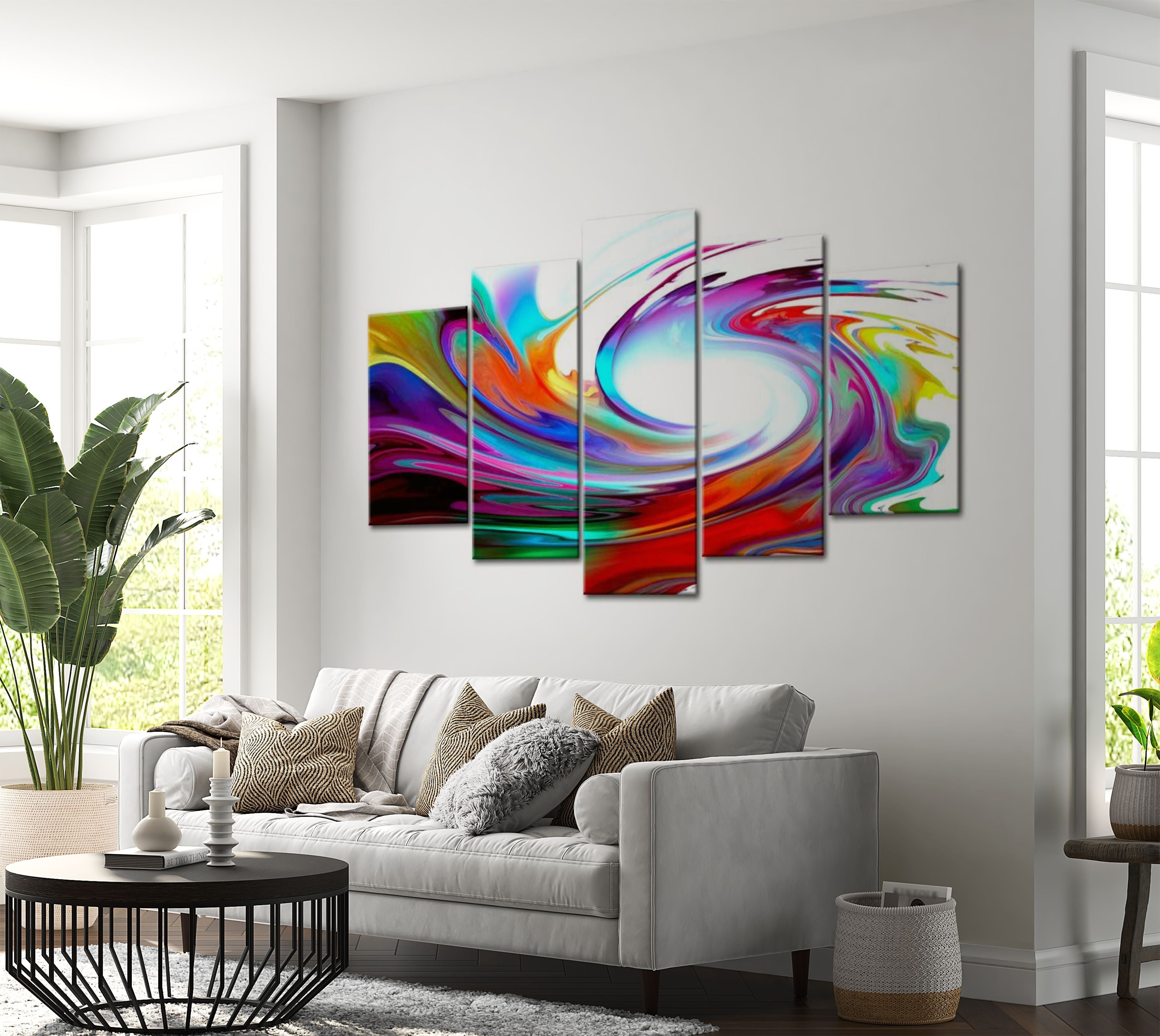 Abstract Canvas Wall Art - Rainbow - Swirl - 5 Pieces