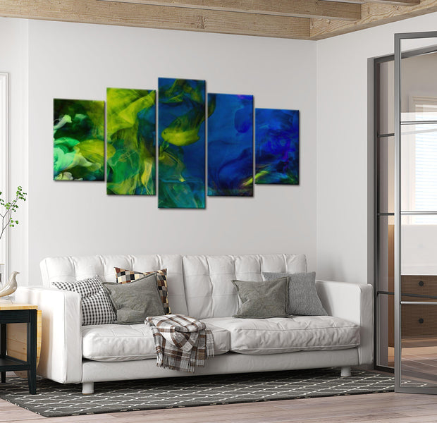 Abstract Canvas Wall Art - Dance Of Green Flames - 5 Pieces