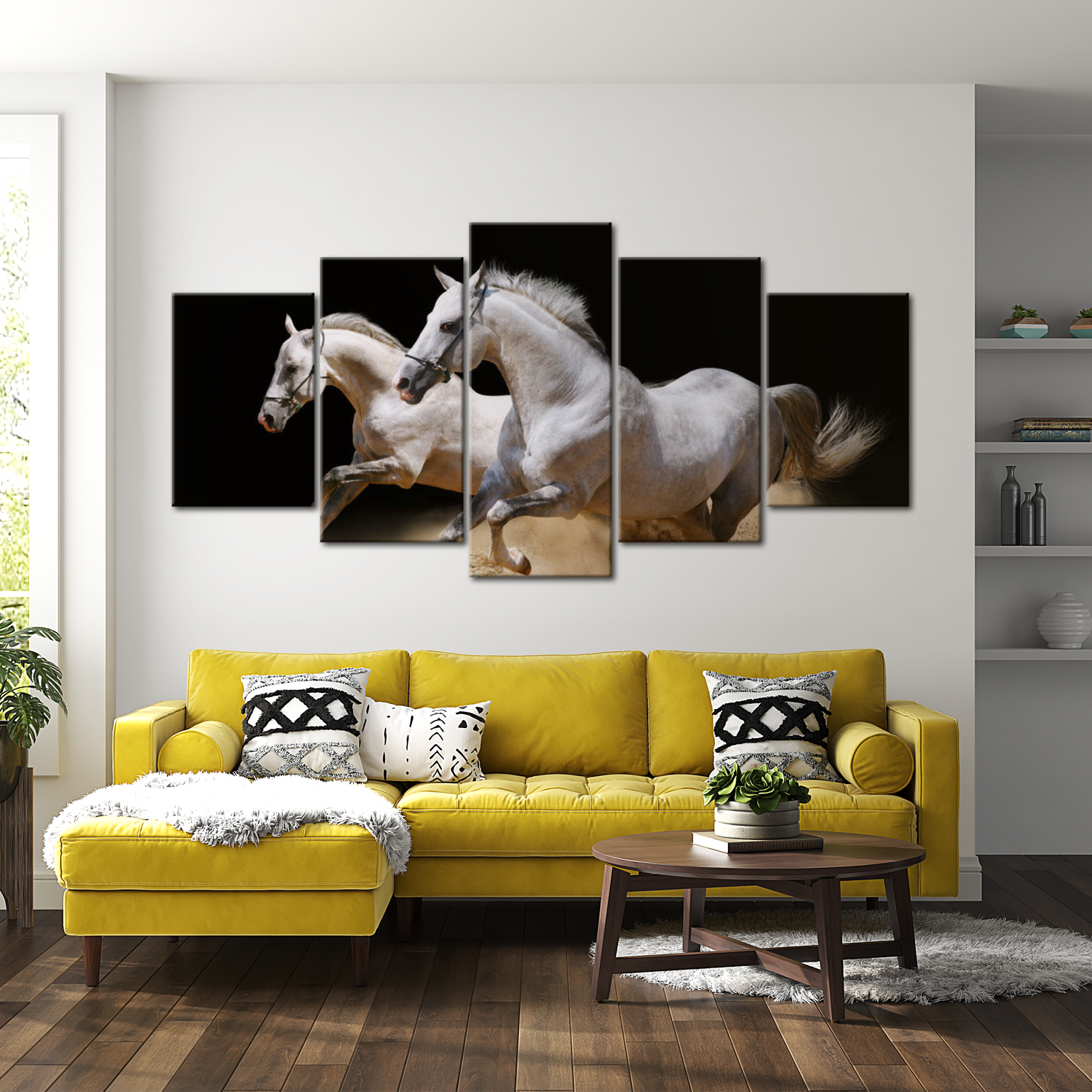 Stretched Canvas Animal Art - Running White Horses 40"Wx20"H