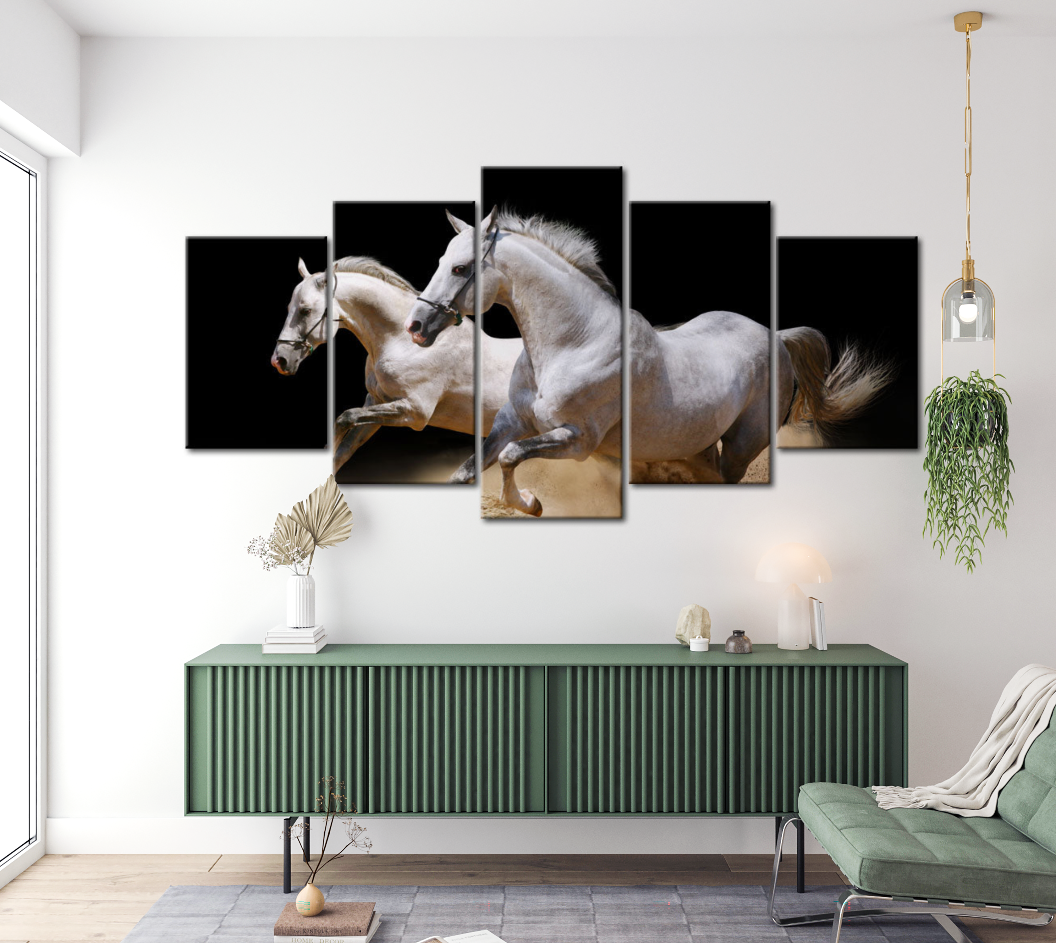 Animal Canvas Wall Art - Running White Horses - 5 Pieces