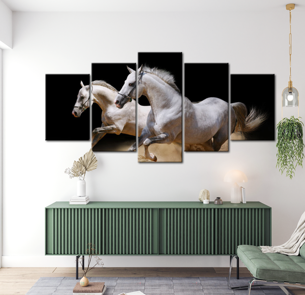 Animal Canvas Wall Art - Running White Horses - 5 Pieces