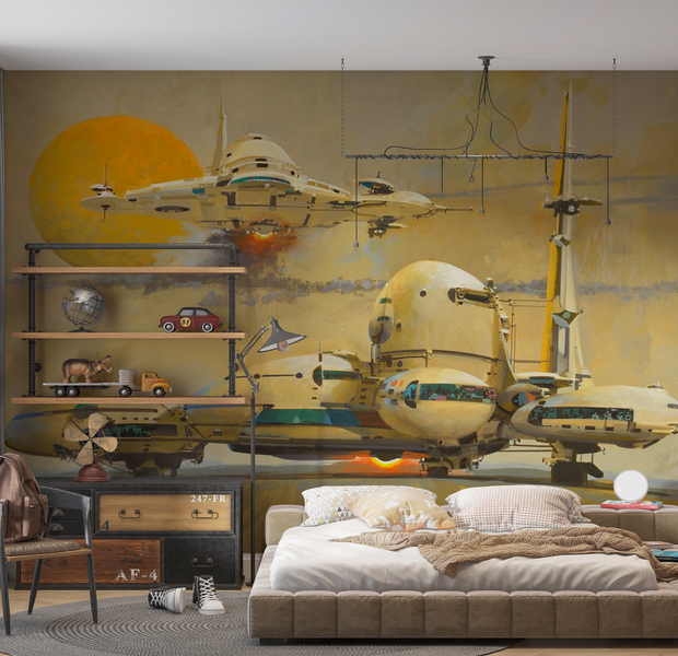 Premium Peel & Stick Wall Mural - Retro Futuristic Spaceships