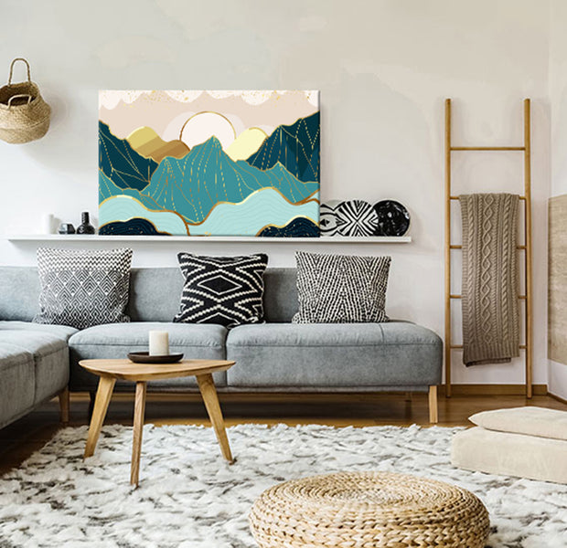 Abstract Canvas Wall Art - Golden Mountain Lines