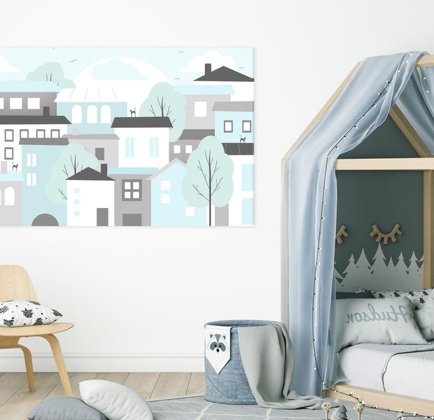 Cartoon Canvas Wall Art - Blue Town