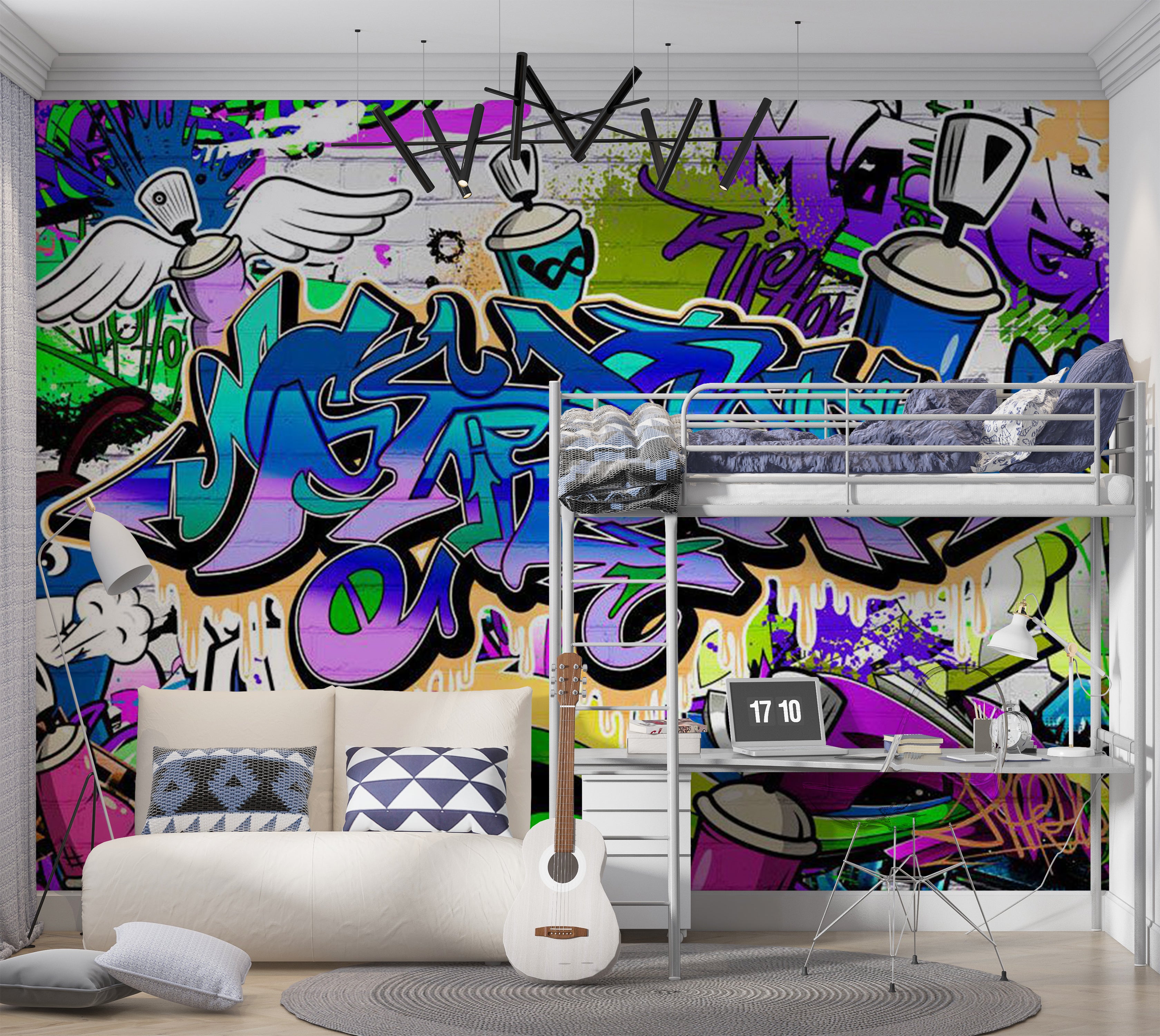 Peel & Stick Street Art Wall Mural - Graffiti Blue Theme 38"Wx27"H
