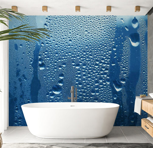 Background & Patterns Wallpaper Wall Mural - Water Drops On Blue Glass 118"Wx90"H