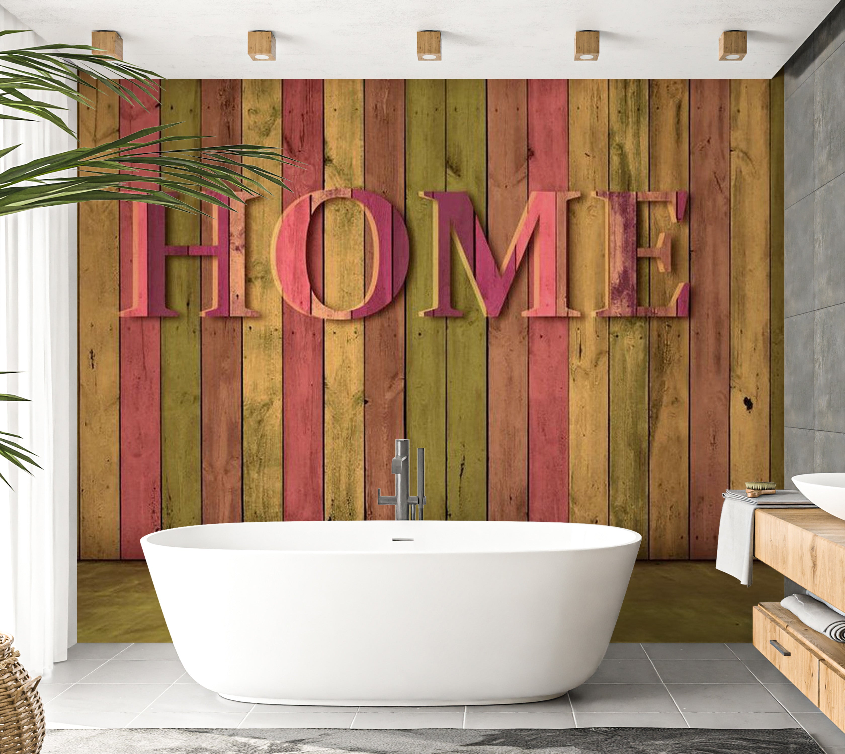 Background & Patterns Wallpaper Wall Mural - Home Green Pink Wooden Planks 118"Wx90"H