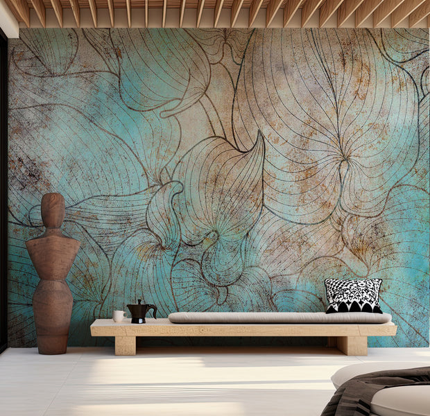 Peel & Stick Botanical Wall Mural - Leaves in Blue 38"Wx27"H