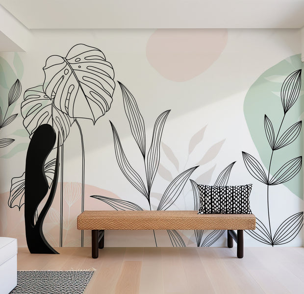 Botanical Wallpaper Wall Mural - Leaves in Pastels 39"Wx27"H / Standard