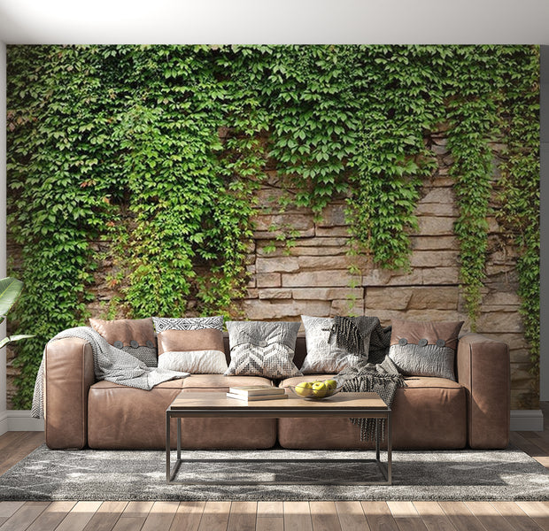 Background & Patterns Wallpaper Wall Mural - Stacked Stone Wall With Ivy 39"Wx27"H