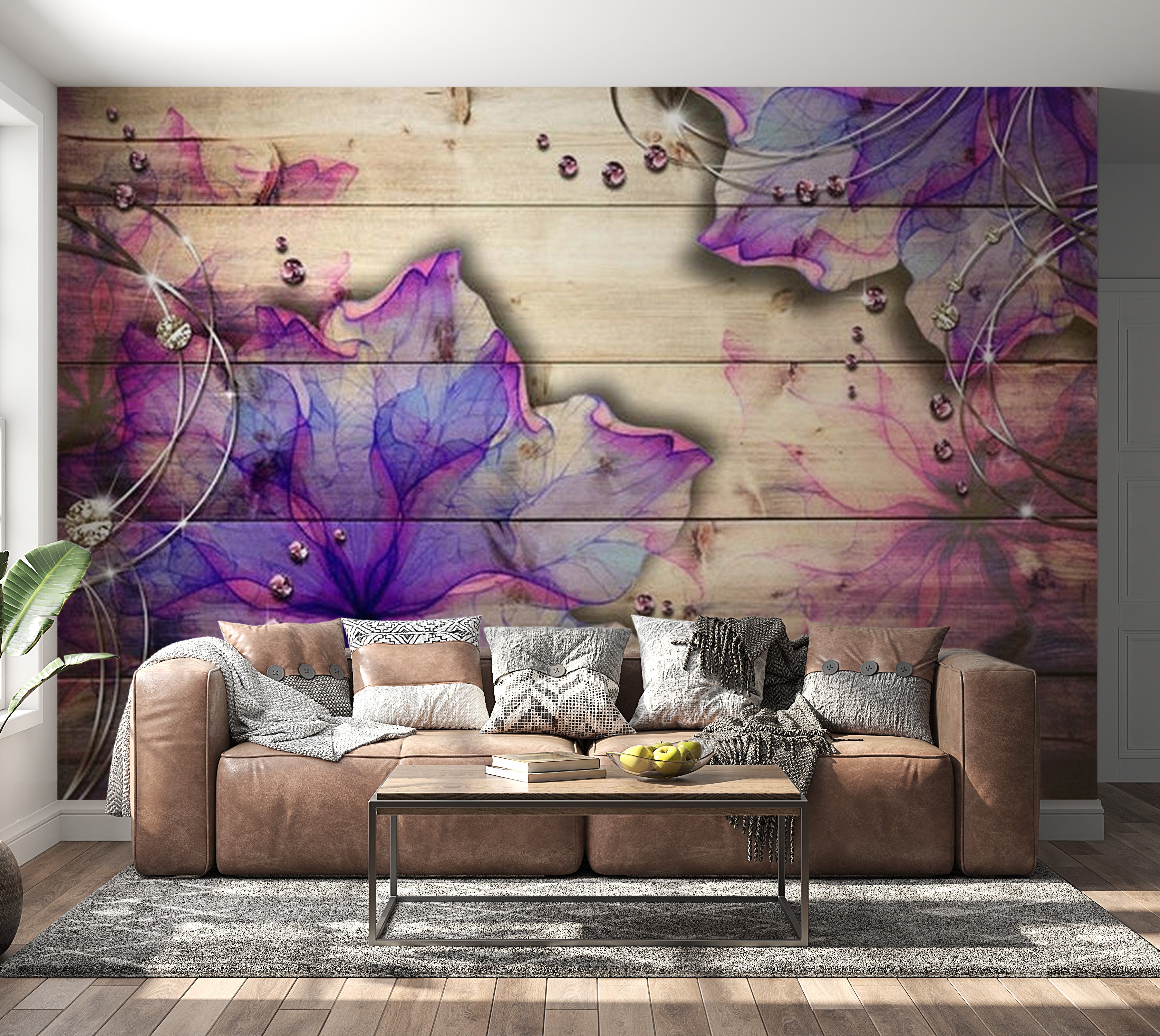 Background & Patterns Wallpaper Wall Mural - Purple Watercolour Flowers on Wood 39"Wx27"H