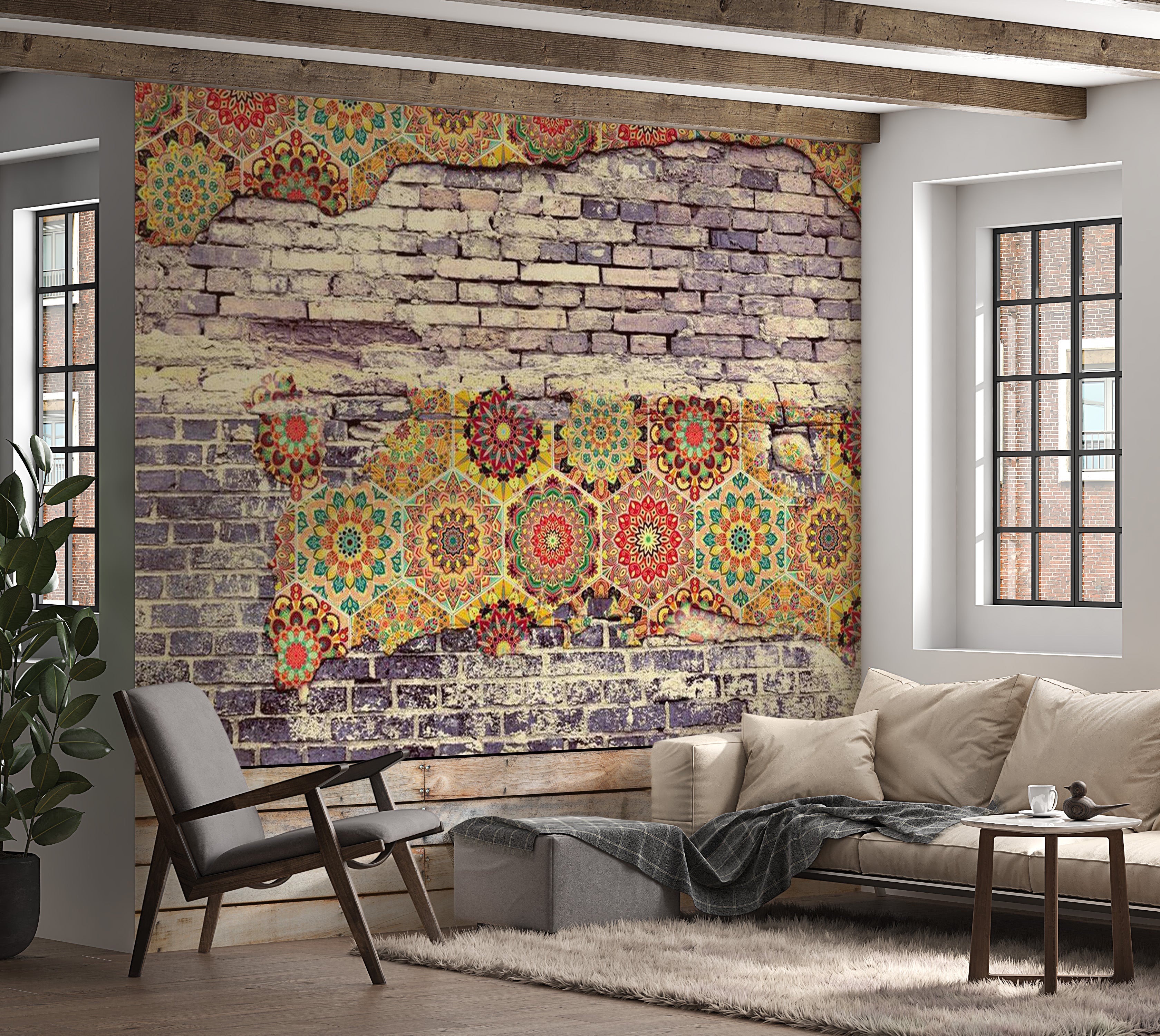 Background & Patterns Wallpaper Wall Mural - Brick Wall and Mosaic 39"Wx27"H