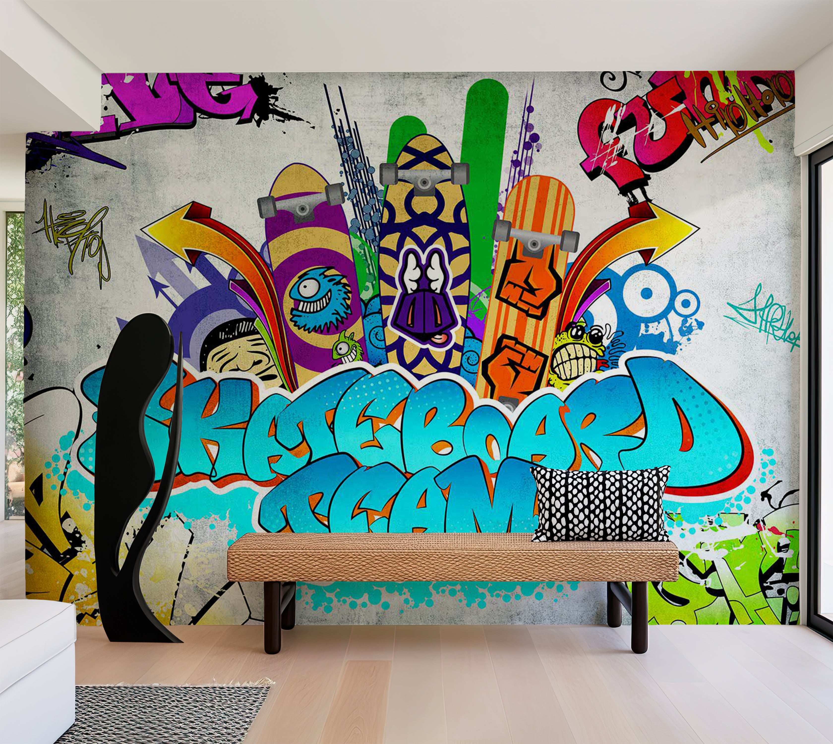 Peel & Stick Street Art Wall Mural - Skateboard Team 38"Wx27"H