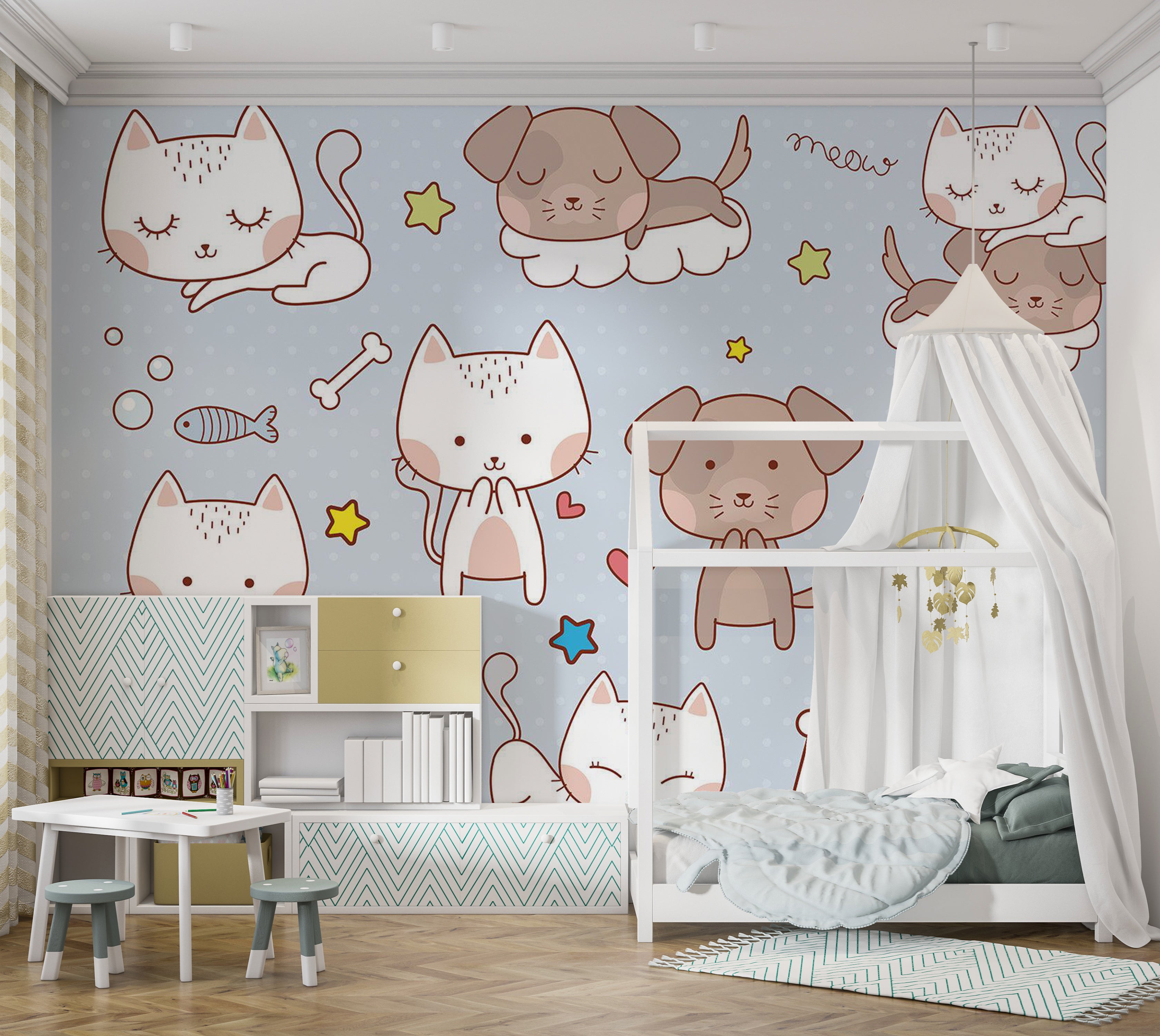Kids Wallpaper Wall Mural - Cartoon Cats and Dogs 39"Wx27"H / Standard