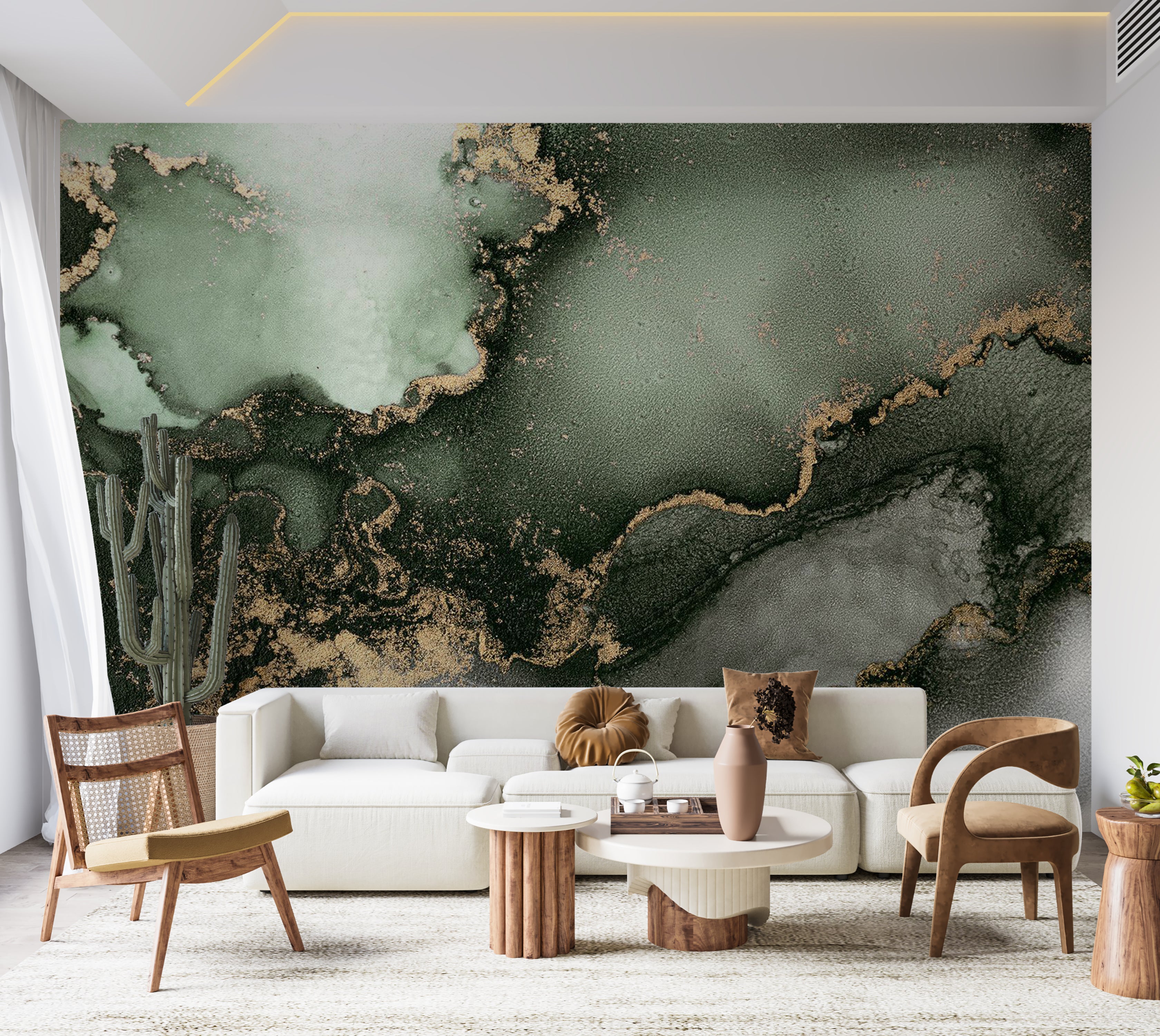 Surface Texture Wallpaper Wall Mural - Green Gold Watercolor Inspiration 39"Wx27"H / Standard