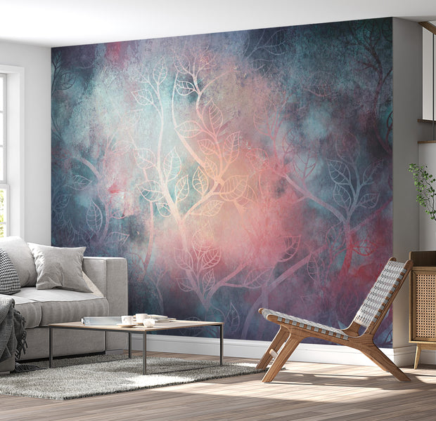 Abstract Wallpaper Wall Mural - Jungle In Pink & Blue 39"Wx27"H