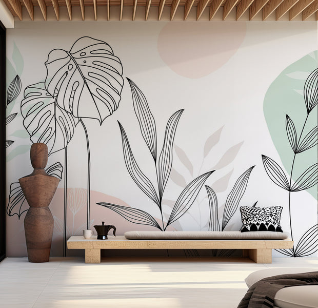 Peel & Stick Botanical Wall Mural - Leaves in Pastels 38"Wx27"H