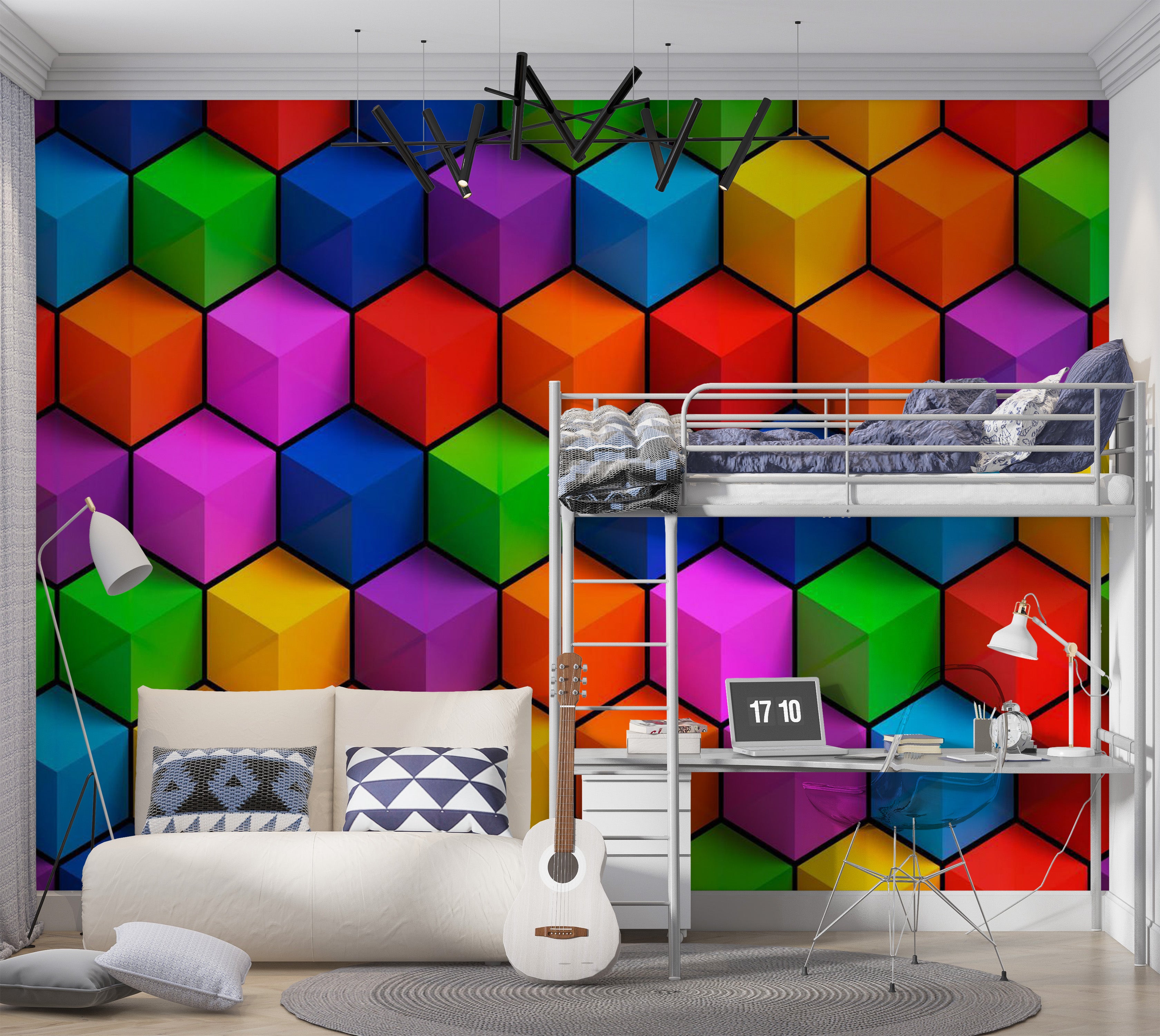 Abstract Wallpaper Wall Mural - Colorful Geometric Boxes 39"Wx27"H