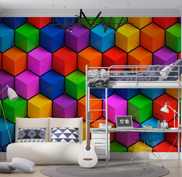 Abstract Wallpaper Wall Mural - Colorful Geometric Boxes 39"Wx27"H