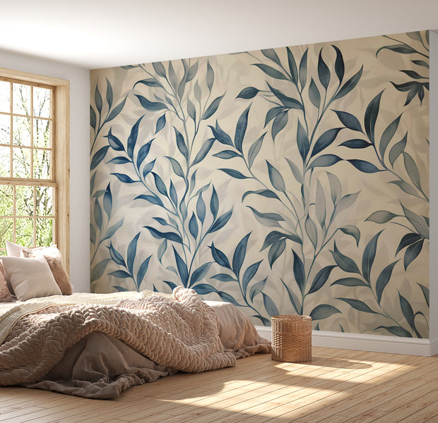 Peel & Stick Floral Wall Mural - Leaves in Blue Colors 38"Wx27"H