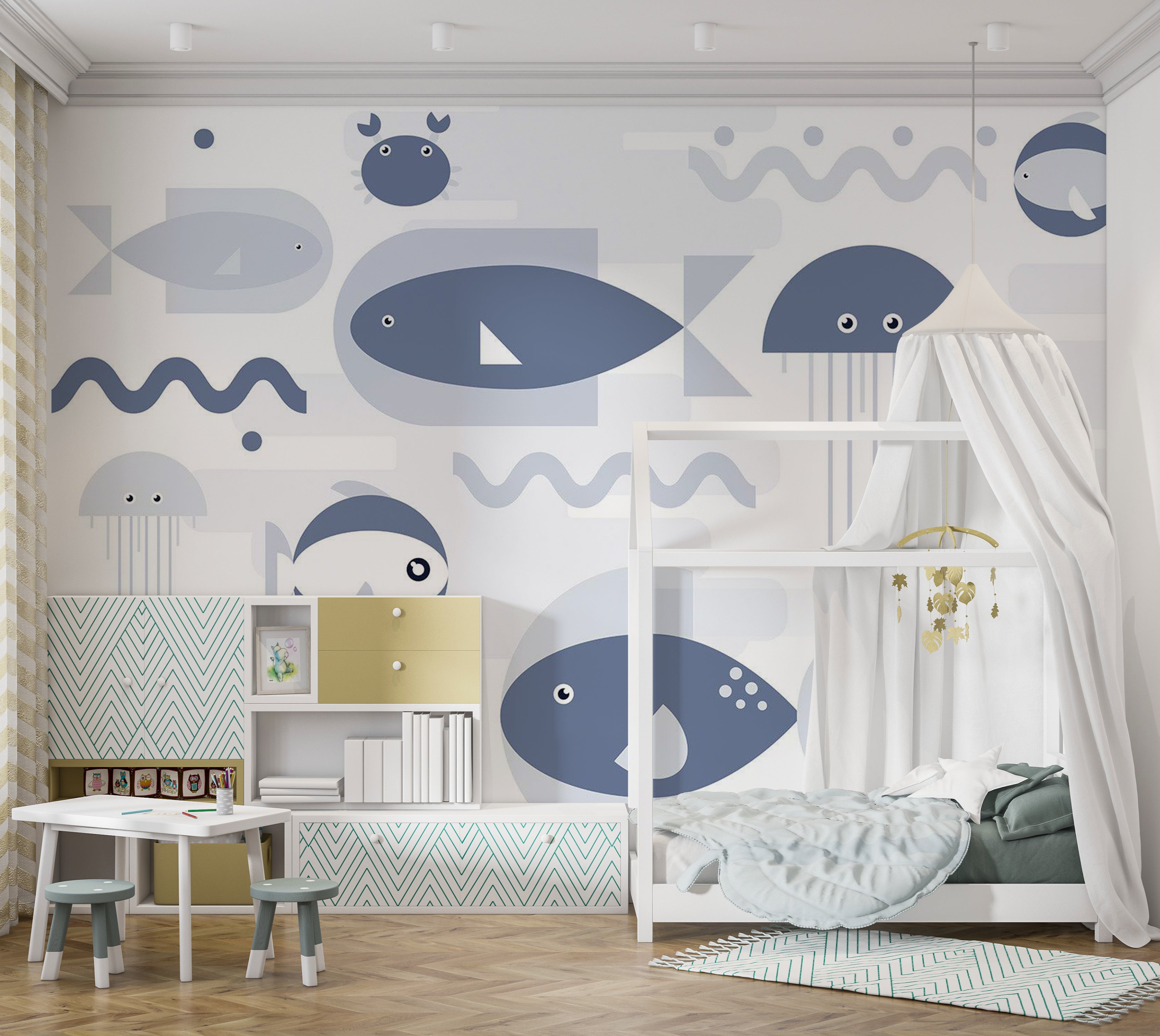 Kids Wallpaper Wall Mural - Geometric Fish and Crabs 39"Wx27"H / Standard