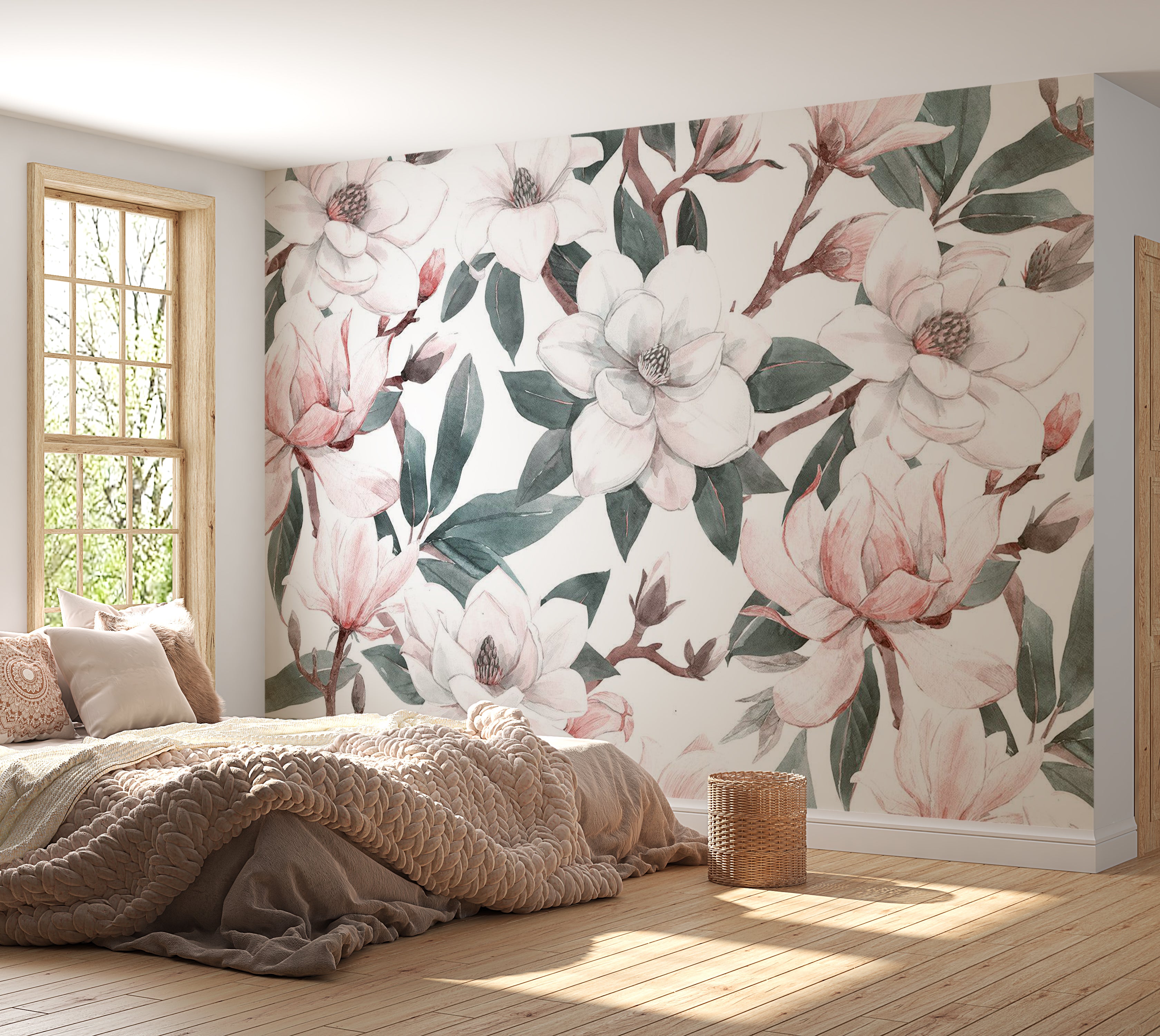 Peel & Stick Floral Wall Mural - Watercolor Magnolias 38"Wx27"H