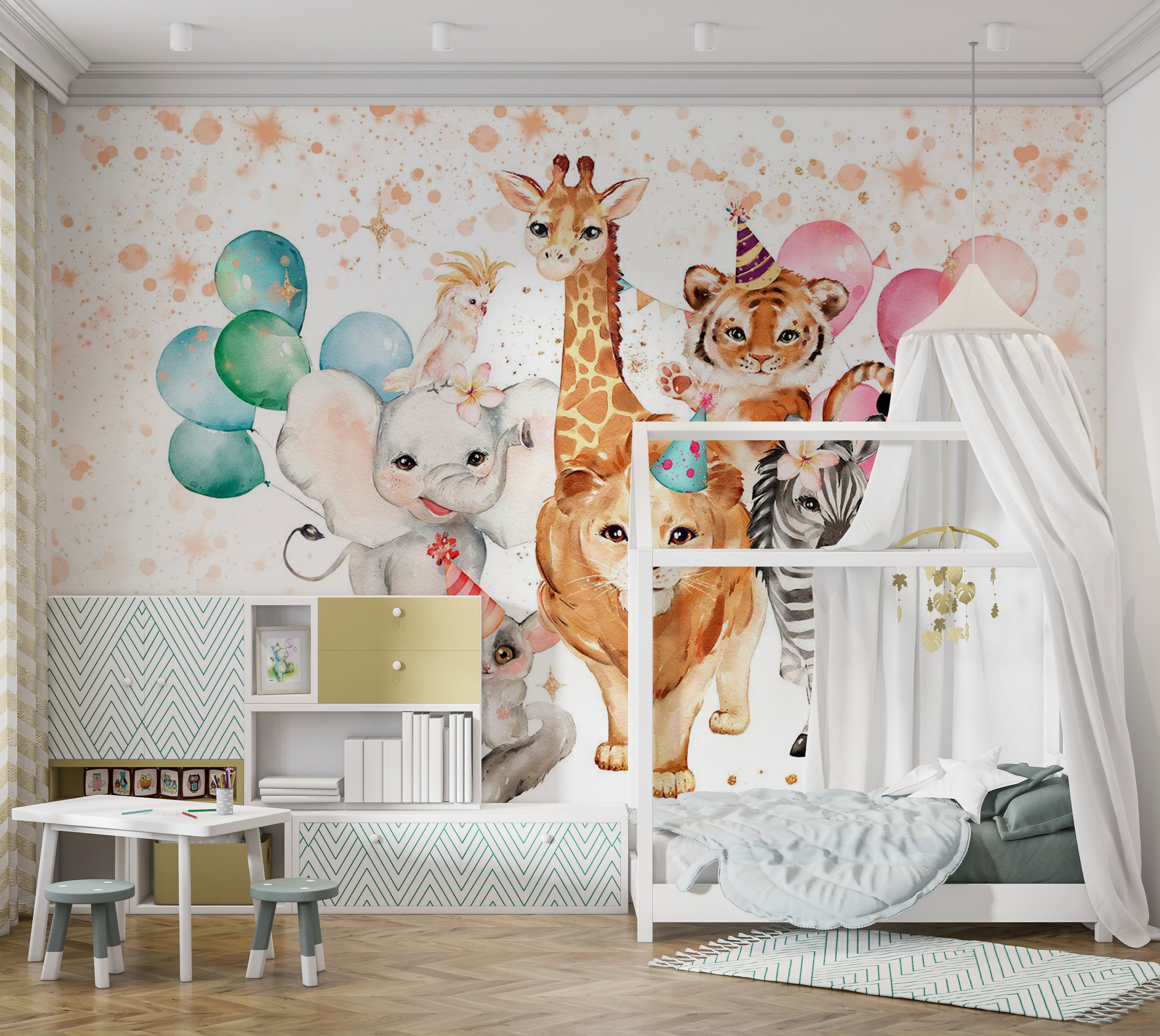 Kids Wallpaper Wall Mural - Happy Animals 39"Wx27"H / Standard