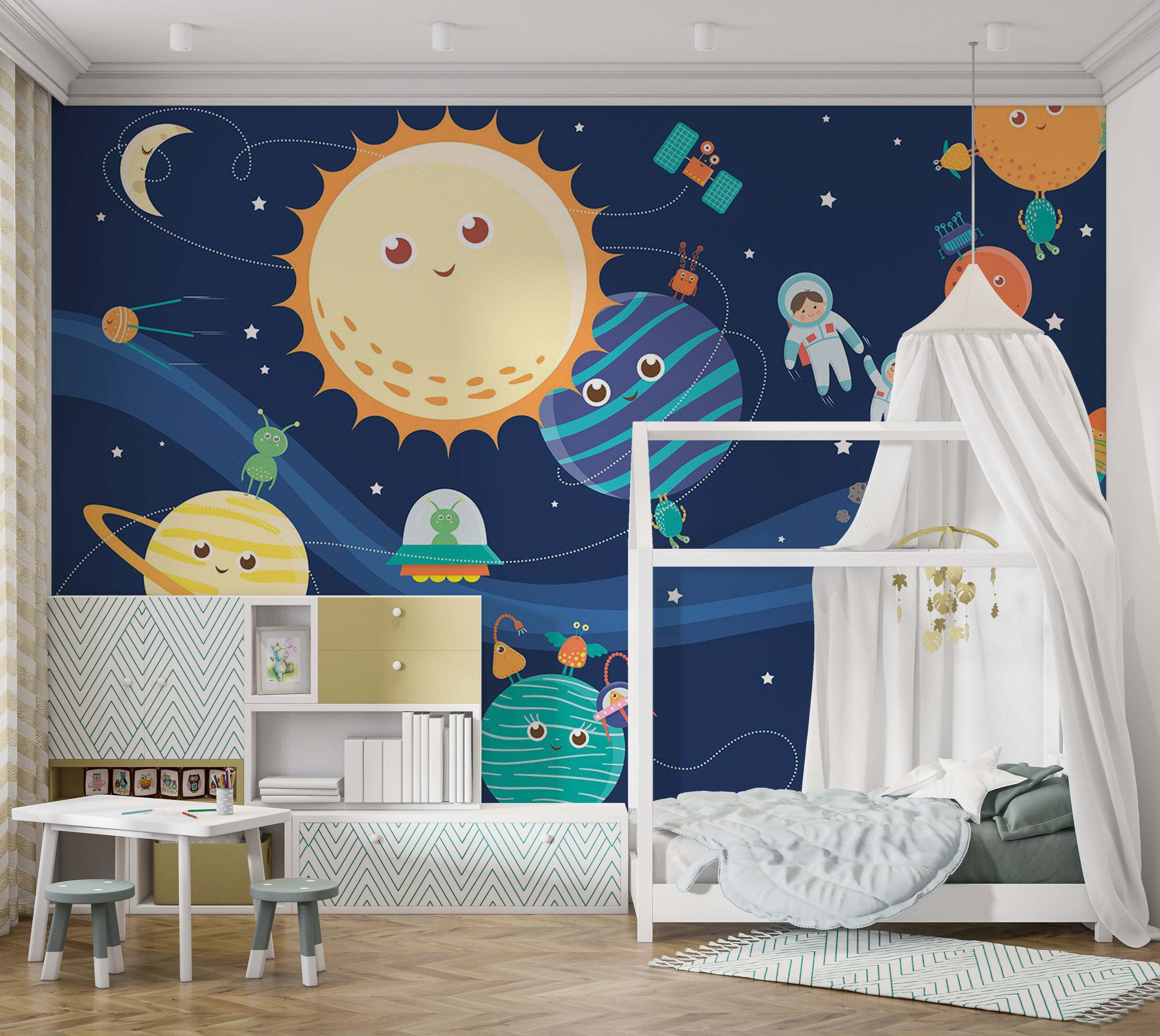 Kids Wallpaper Wall Mural - Happy Planets 39"Wx27"H / Standard