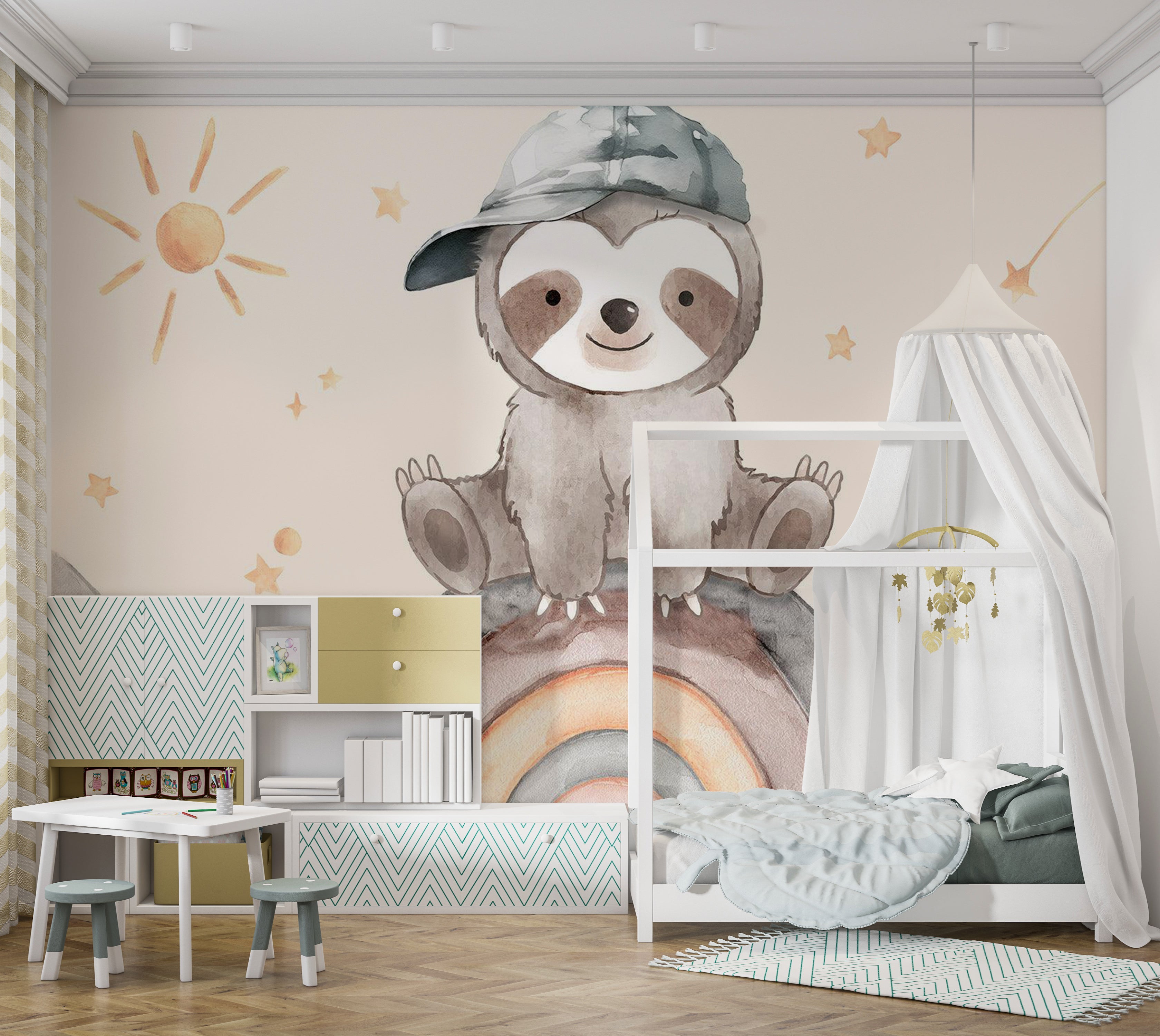 Kids Wallpaper Wall Mural - Little Sloth on a Rainbow 39"Wx27"H / Standard