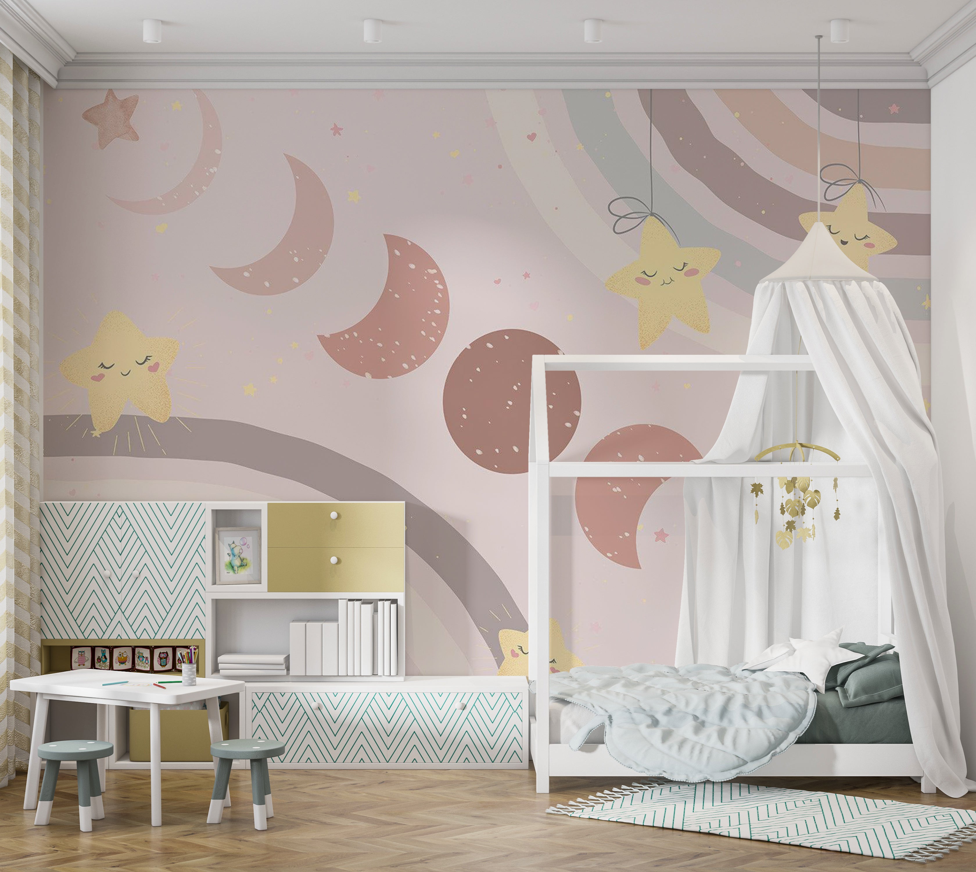 Kids Wallpaper Wall Mural - Moon Among Stars and Rainbows 39"Wx27"H / Standard