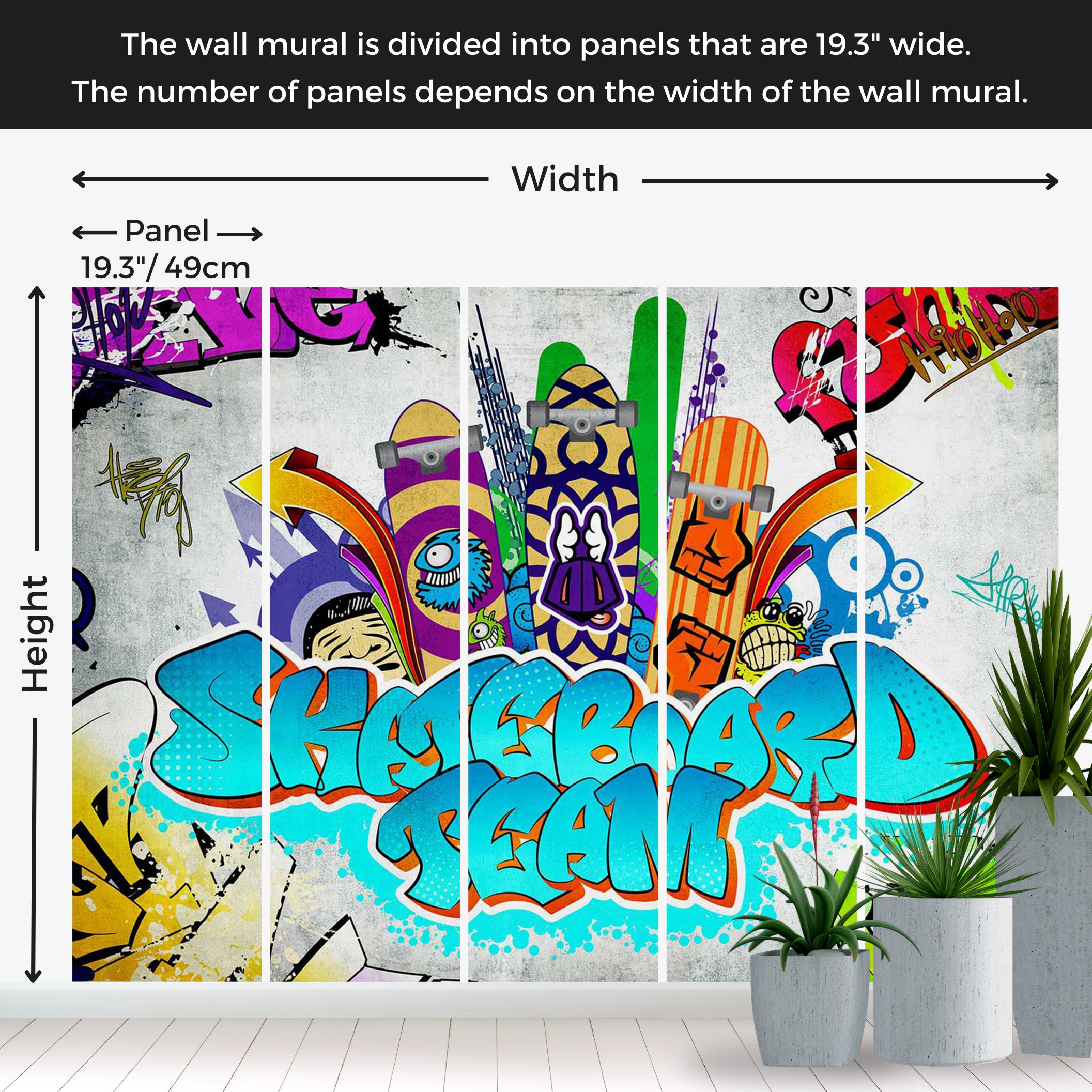 Peel & Stick Street Art Wall Mural - Skateboard Team 38"Wx27"H