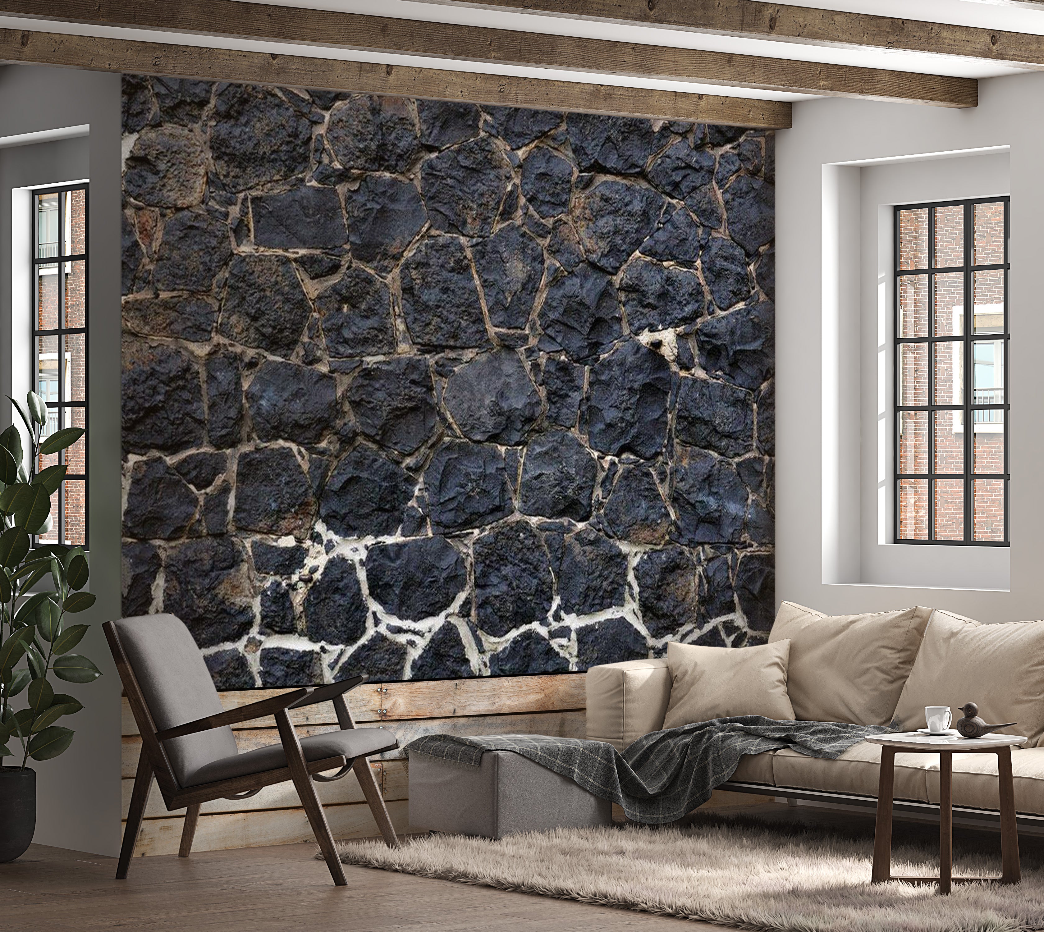 Background & Patterns Wallpaper Wall Mural - Dark Stacked Stones and Rocks 39"Wx27"H