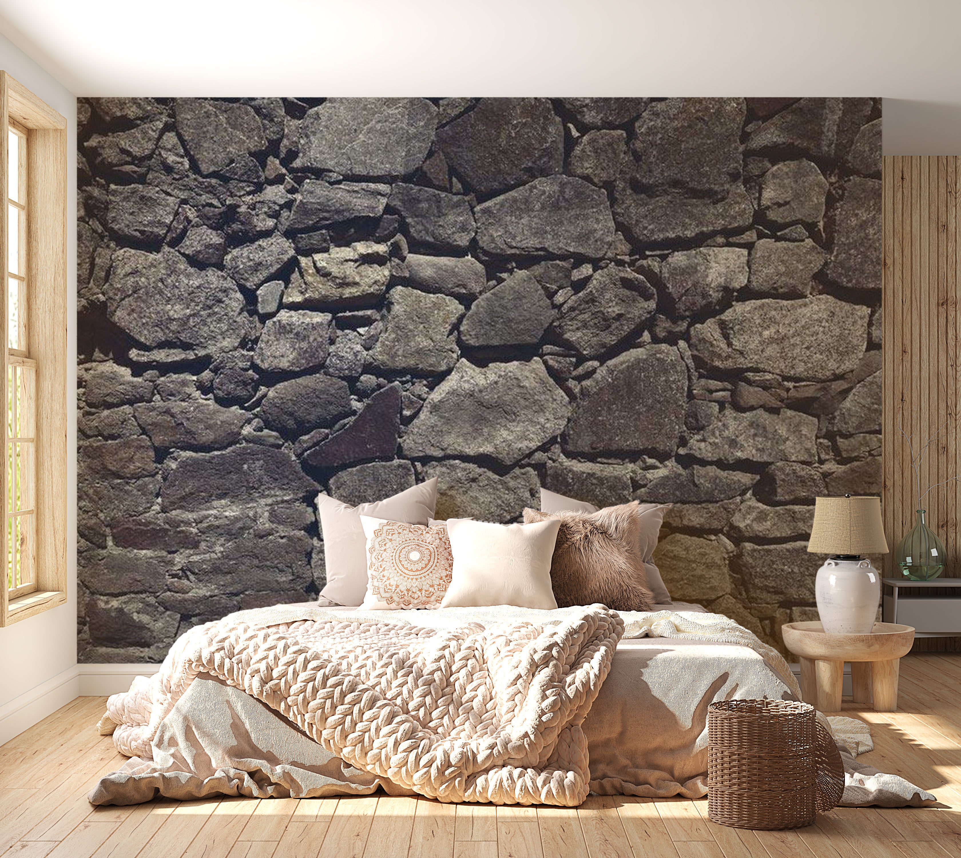 Background & Patterns Wallpaper Wall Mural - Dark Old Stacked Stone Wall 39"Wx27"H