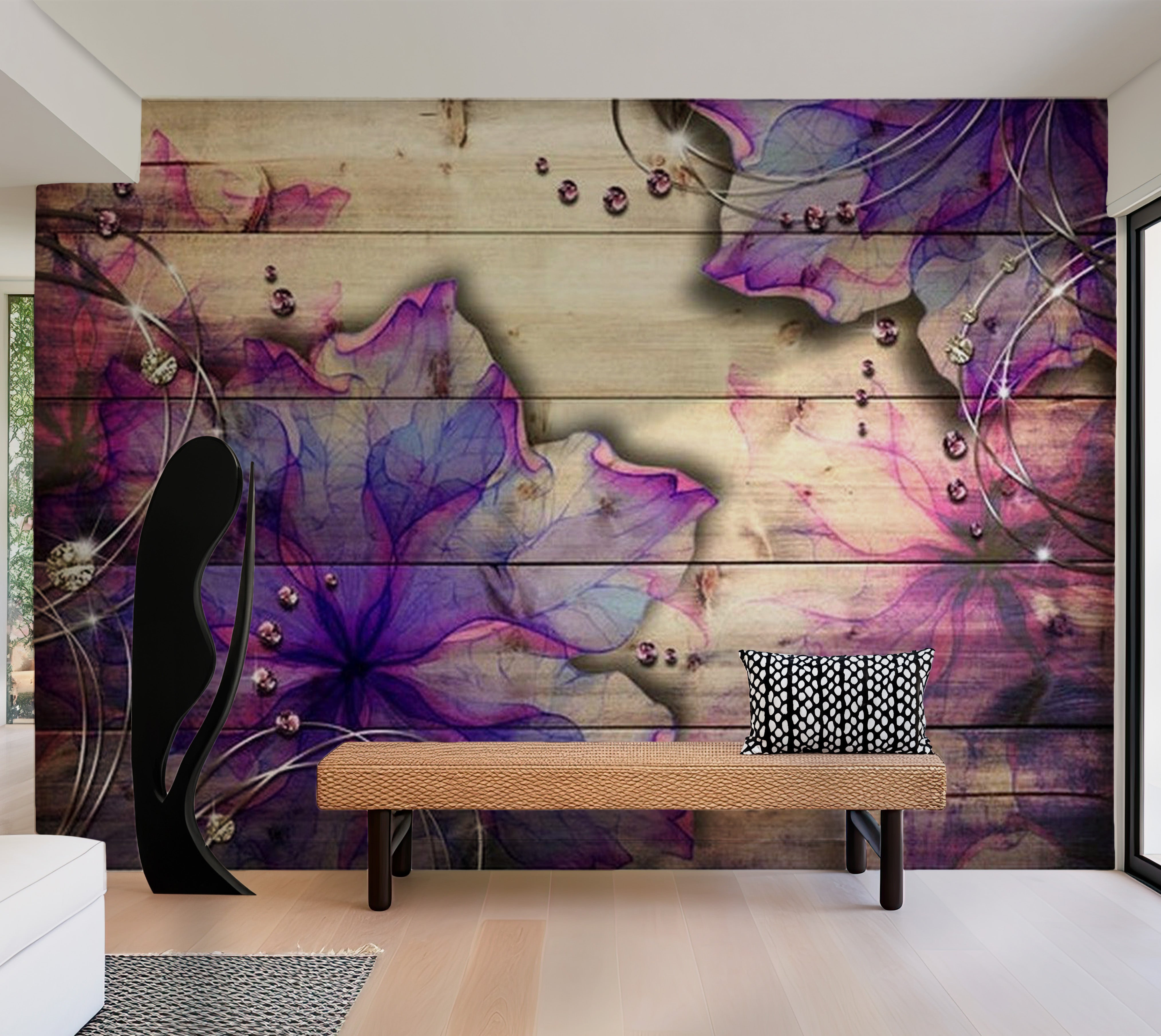 Background & Patterns Wallpaper Wall Mural - Purple Watercolour Flowers on Wood 39"Wx27"H