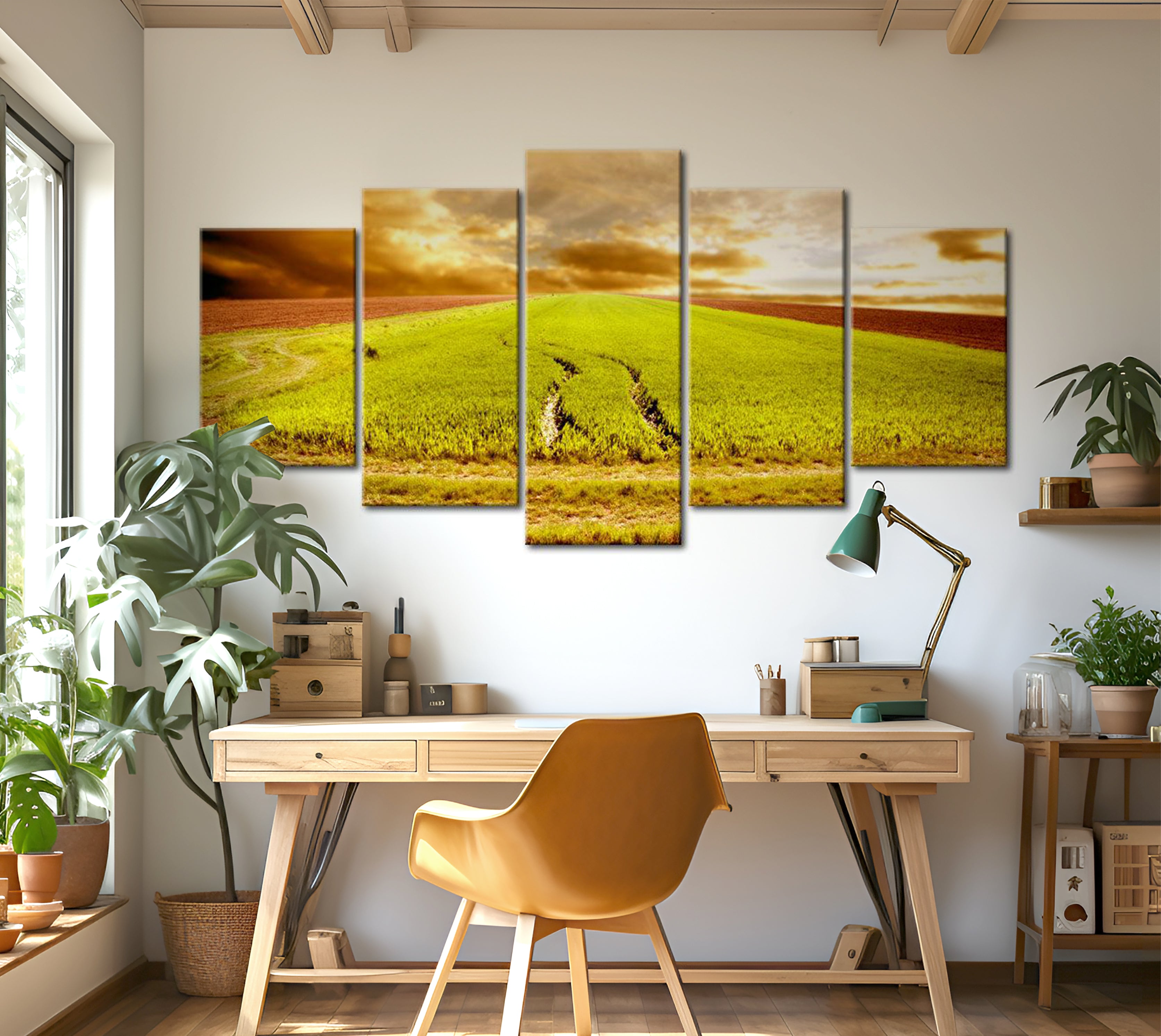 Stretched Canvas Landscape Art - Wheels Traces On A Field 40"Wx20"H