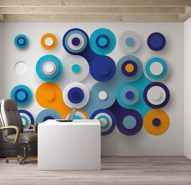 Abstract Wallpaper Wall Mural - Geometry Of Blue Wheels 39"Wx27"H