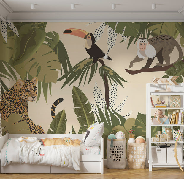 Animal Wallpaper Wall Mural - Abstract Jungle With Animals 39"Wx27"H / Standard