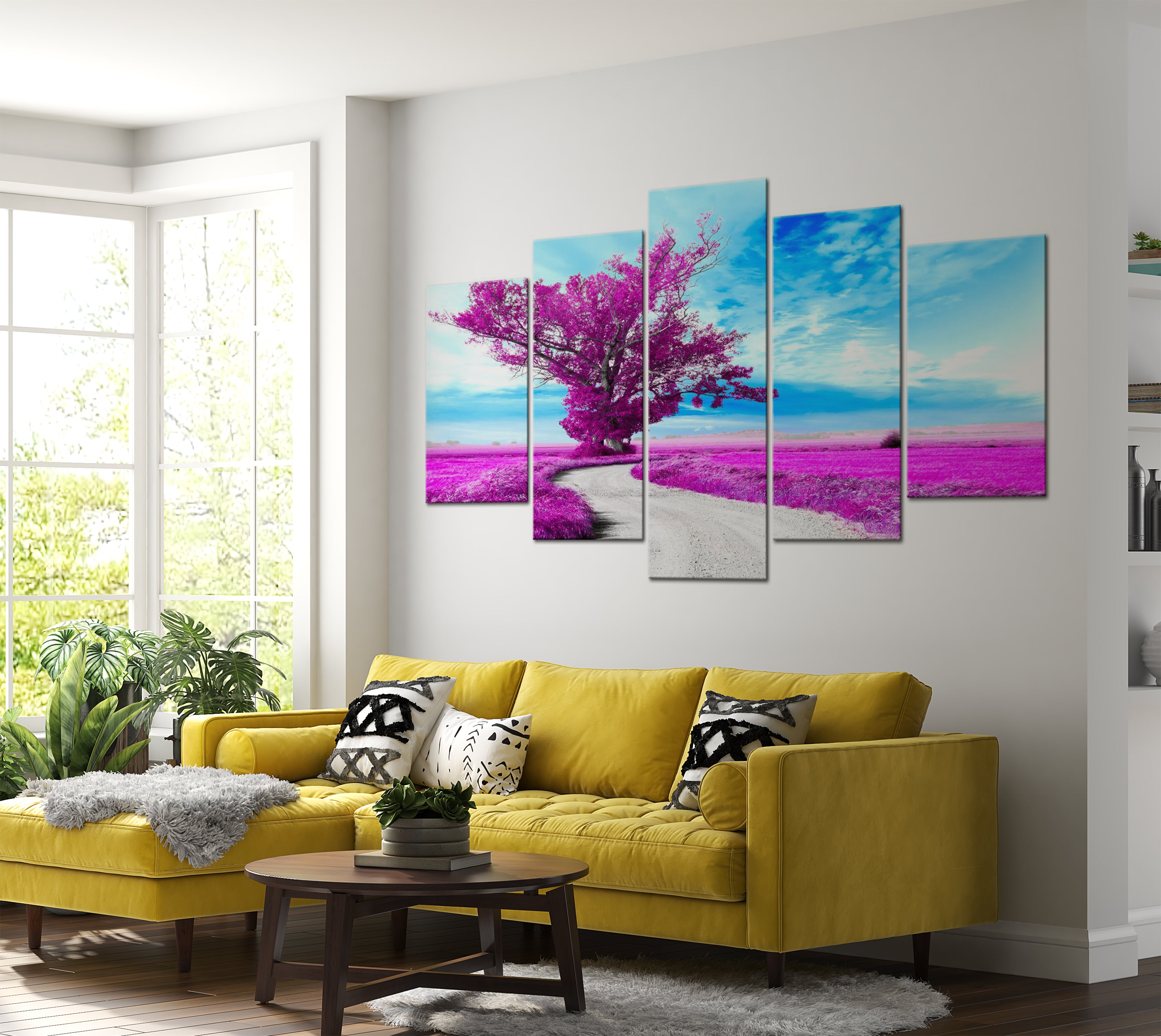 Stretched Canvas Landscape Art - Tree Near The Road Violet 40"Wx20"H