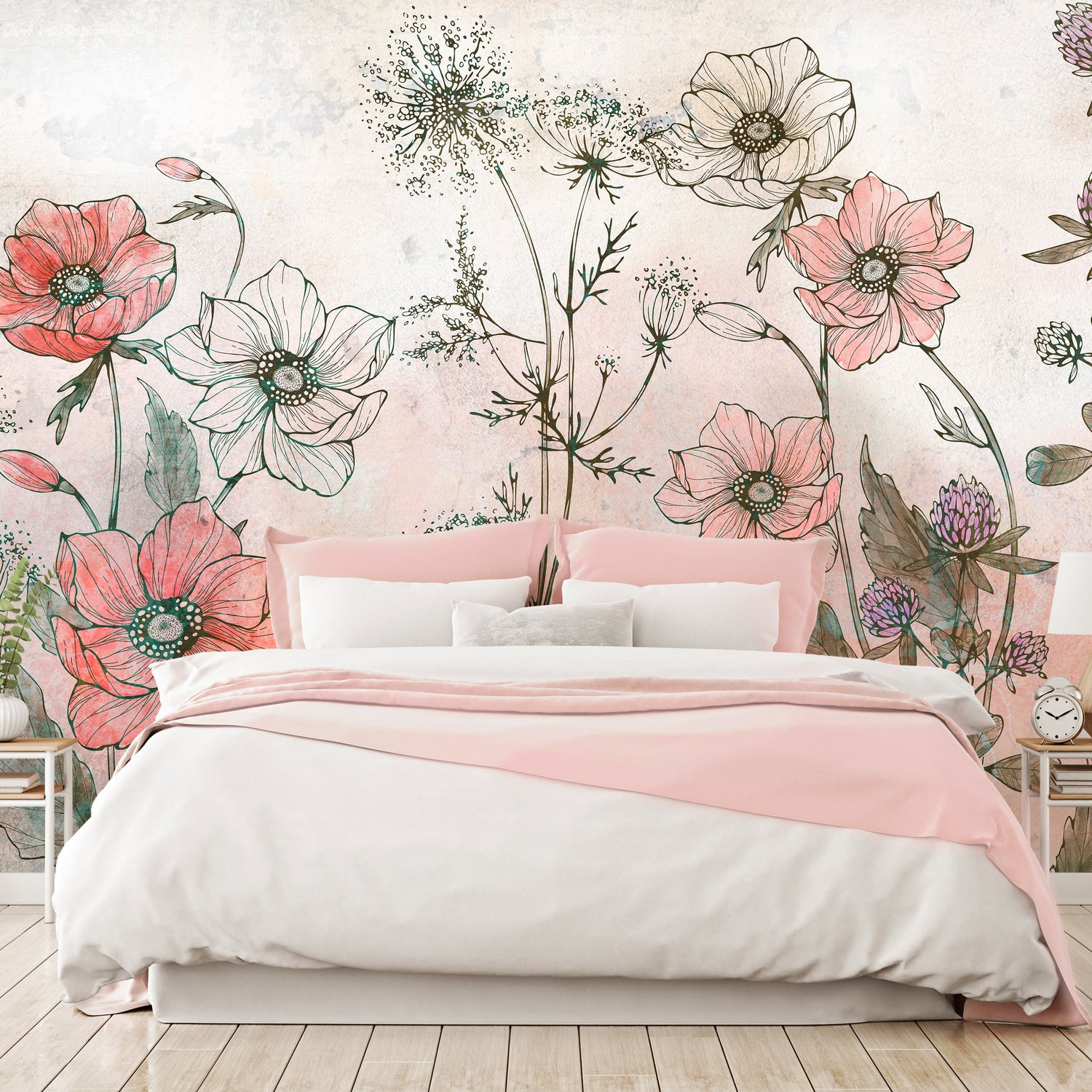 Floral Wallpaper Wall Mural - Day in the Meadow Red