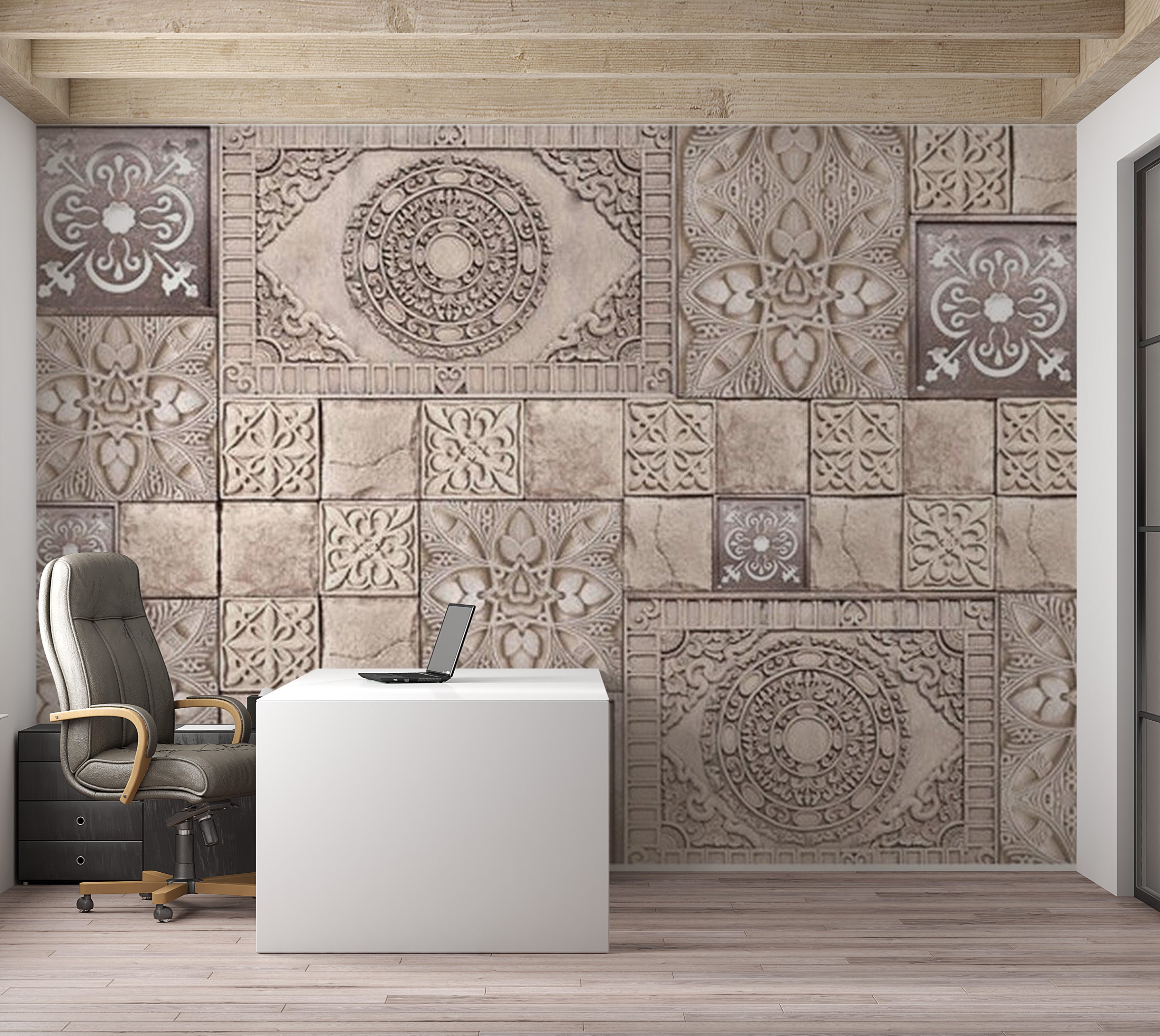 Background & Patterns Wallpaper Wall Mural - Concrete Mandala Mosaic Tiles 39"Wx27"H