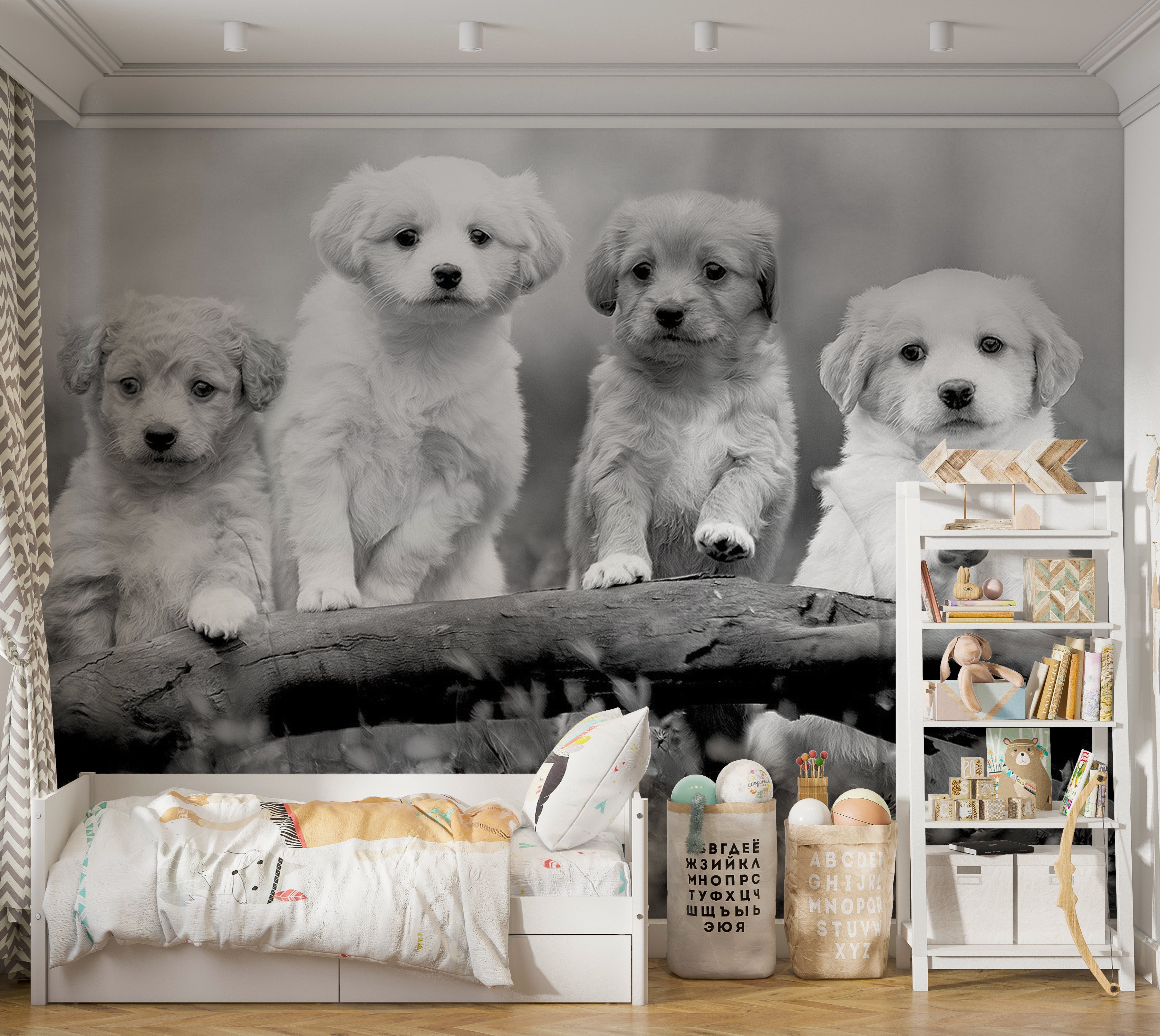 Animal Wallpaper Wall Mural - Four Puppies 39"Wx27"H / Standard